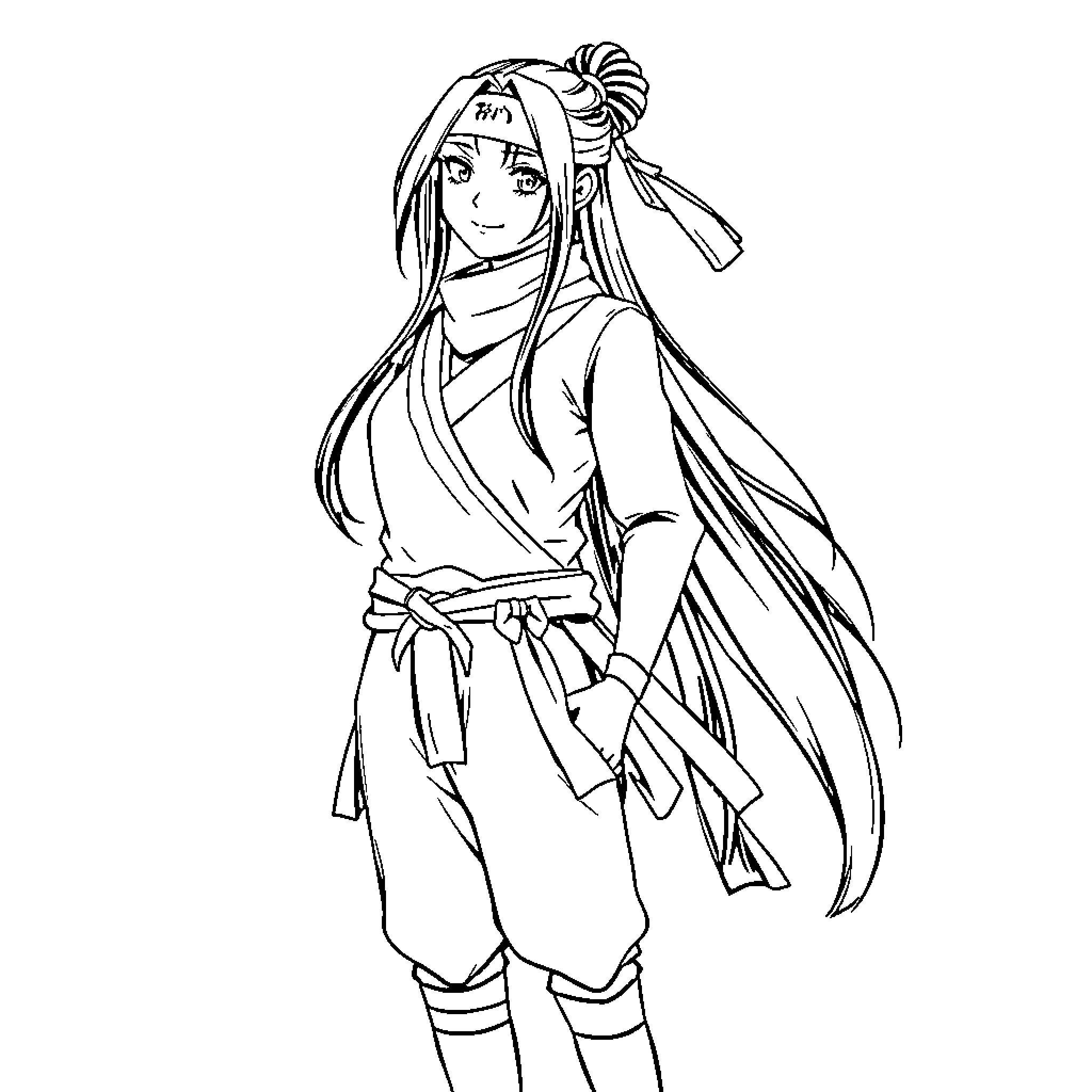 Hinata Hyuga in traditional Japanese attire with detailed expression Coloring Page (free black-and-white line drawing printable PDF for all, from beginners to advanced learners, including children, teens, adults, and seniors)
