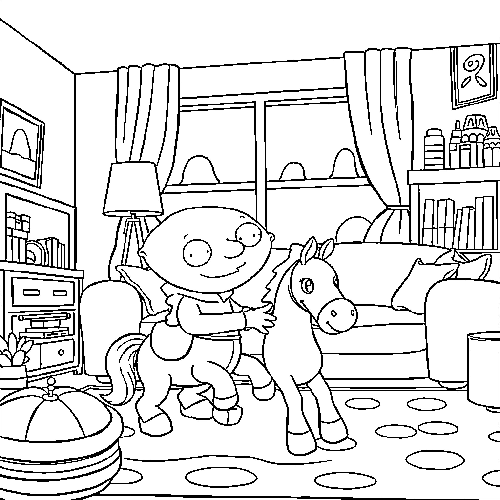 Stewie Griffin playing with toy horse in bedroom Coloring Page (free black-and-white line drawing printable PDF for all, from beginners to advanced learners, including children, teens, adults, and seniors)