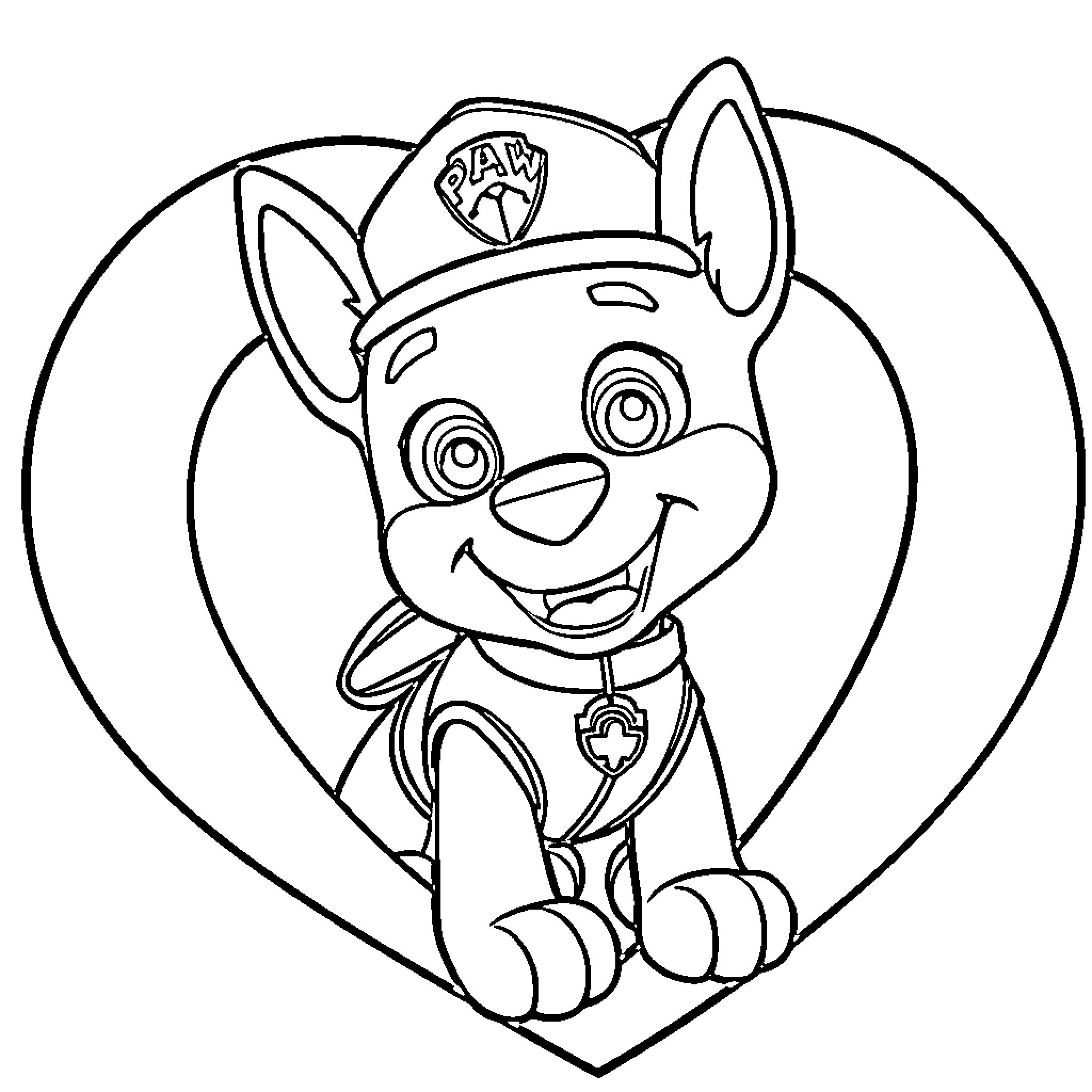 Chase the Paw Patrol Puppy's Cute Expression Coloring Page (free black-and-white line drawing printable PDF for all, from beginners to advanced learners, including children, teens, adults, and seniors)