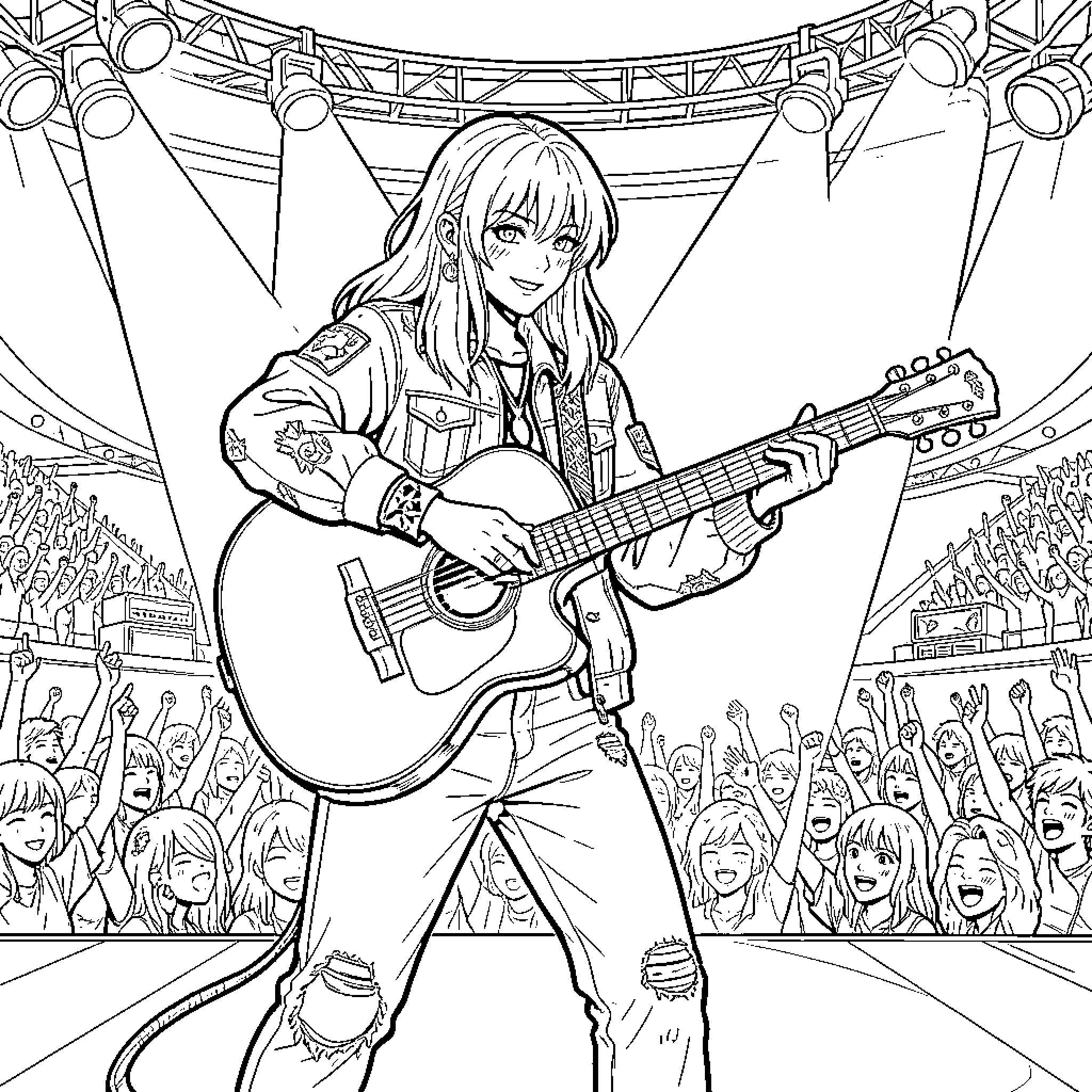 Guerrera Rocking Out on Stage Coloring Page (free black-and-white line drawing printable PDF for all, from beginners to advanced learners, including children, teens, adults, and seniors)