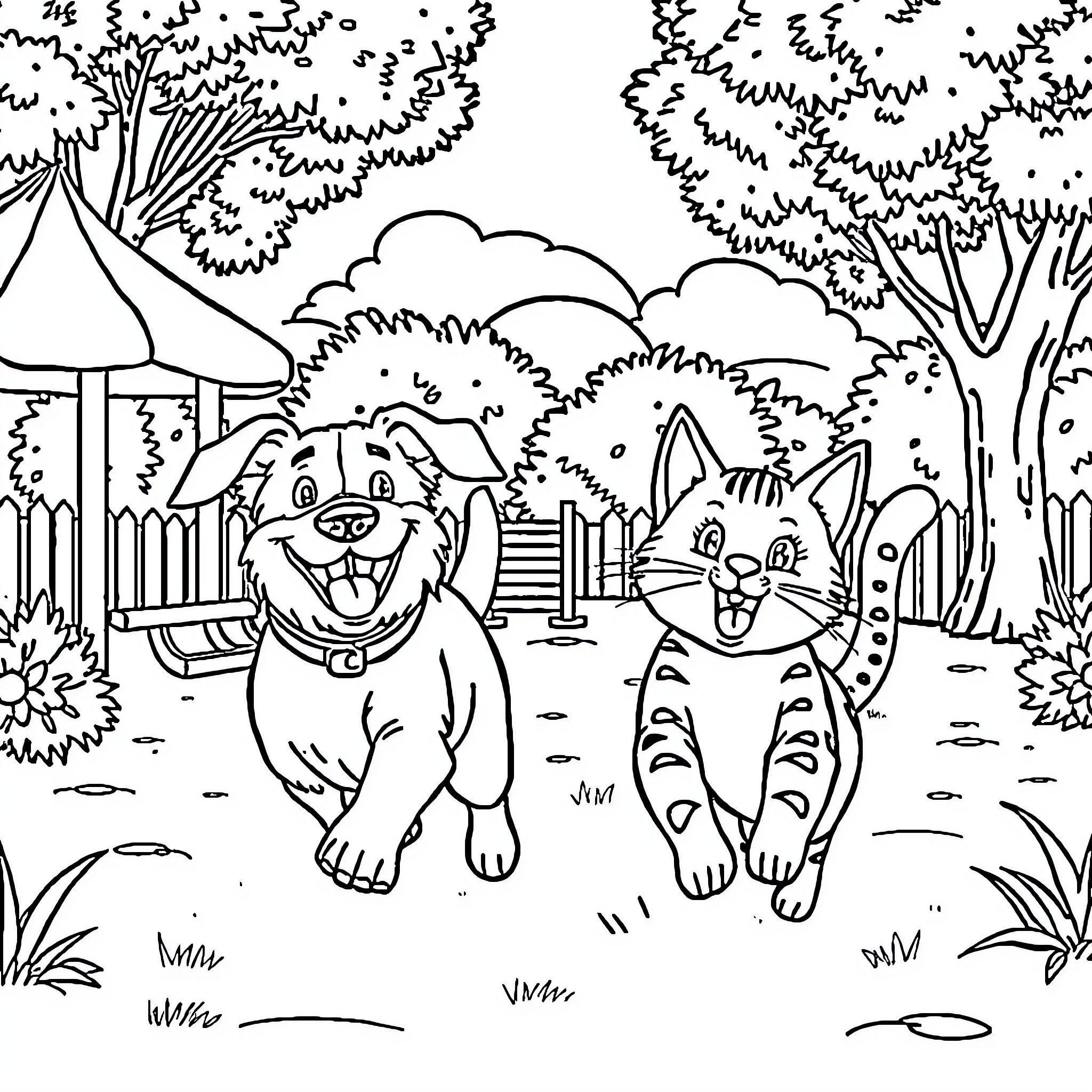 Dog and cat playing in the park Coloring Page (free black-and-white line drawing printable PDF for all, from beginners to advanced learners, including children, teens, adults, and seniors)