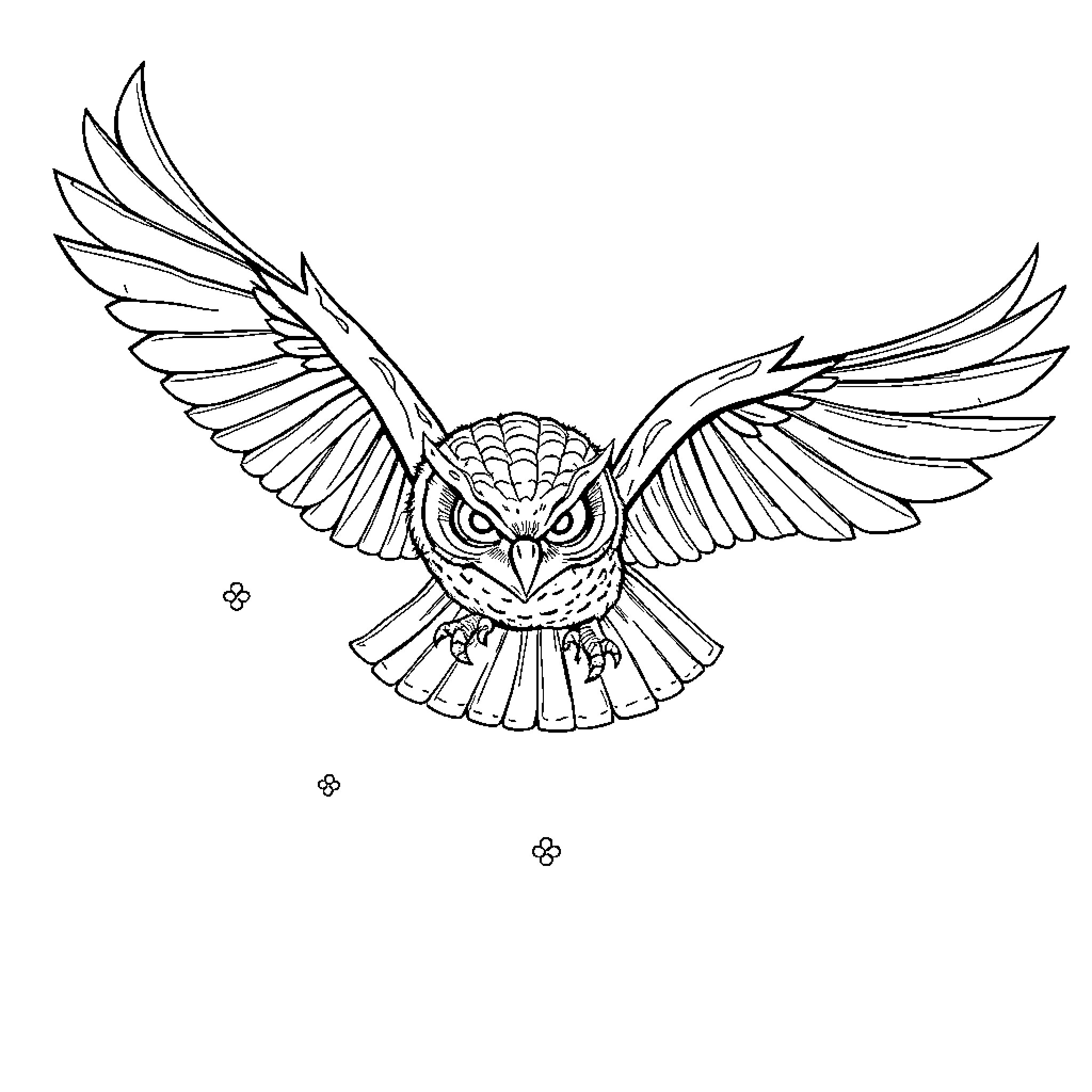 Owl with Outstretched Wings in Flight Coloring Page (free black-and-white line drawing printable PDF for all, from beginners to advanced learners, including children, teens, adults, and seniors)