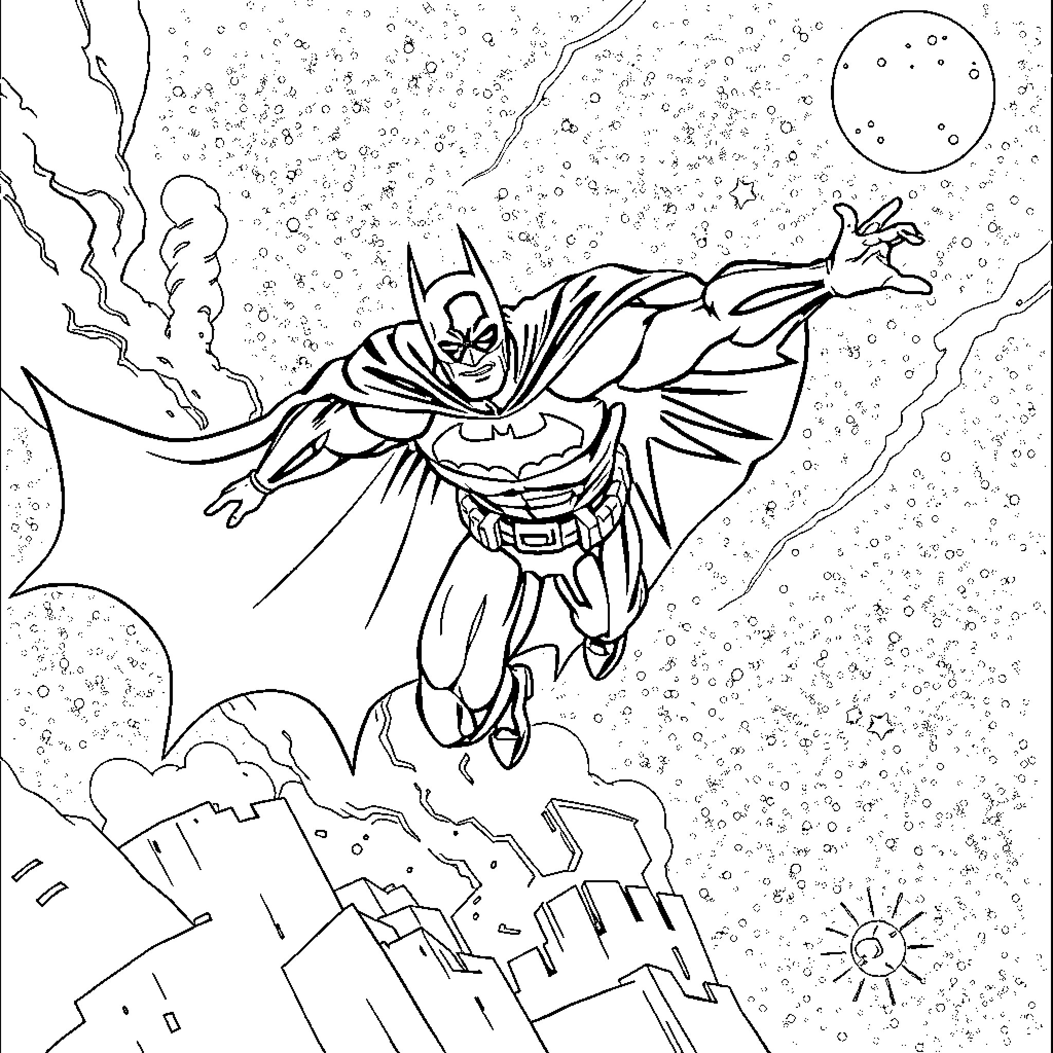 Batman Soaring Through the Night Sky Coloring Page (free black-and-white line drawing printable PDF for all, from beginners to advanced learners, including children, teens, adults, and seniors)