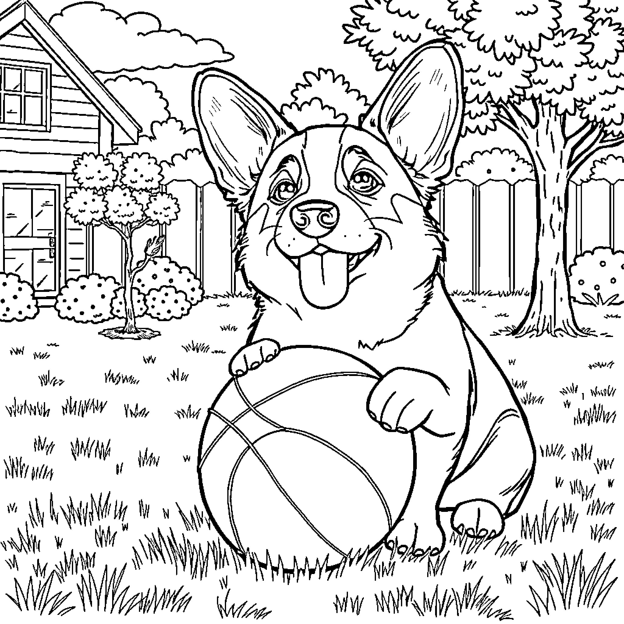 Corgi playing with basketball in the backyard Coloring Page (free black-and-white line drawing printable PDF for all, from beginners to advanced learners, including children, teens, adults, and seniors)