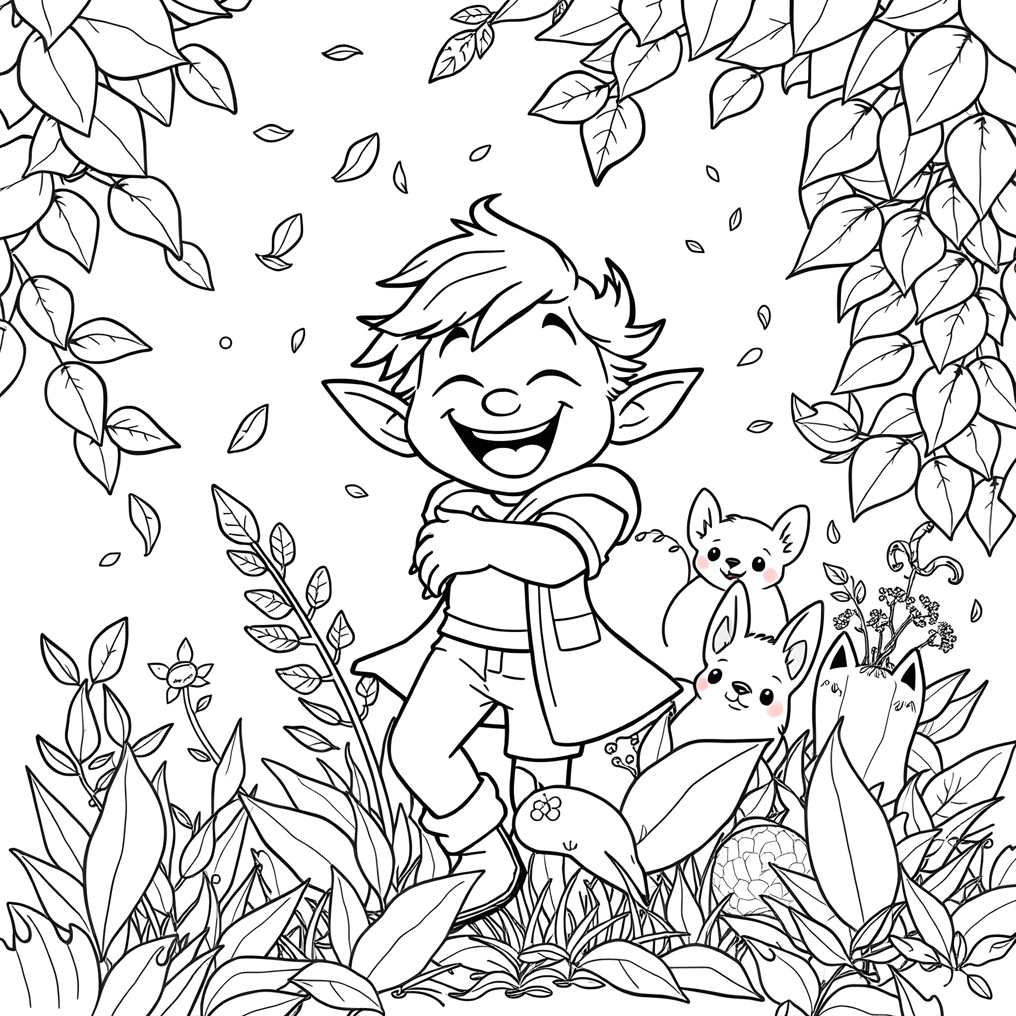Girl happily playing with forest friends Coloring Page (free black-and-white line drawing printable PDF for all, from beginners to advanced learners, including children, teens, adults, and seniors)