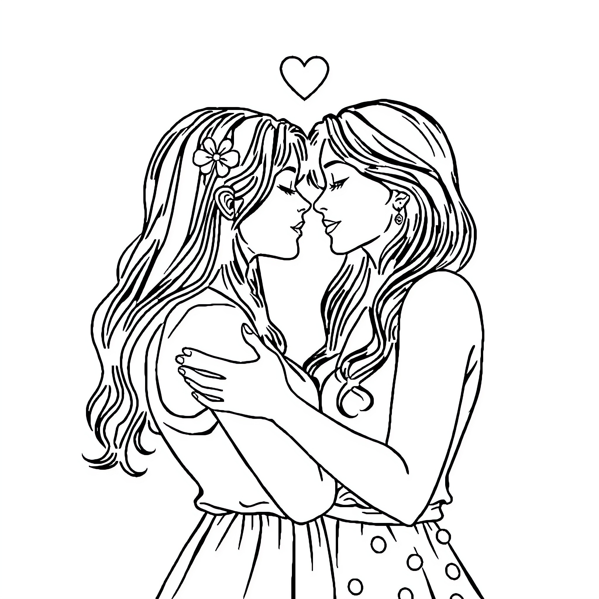 Woman embracing lovingly with flower in hair Coloring Page (free black-and-white line drawing printable PDF for all, from beginners to advanced learners, including children, teens, adults, and seniors)