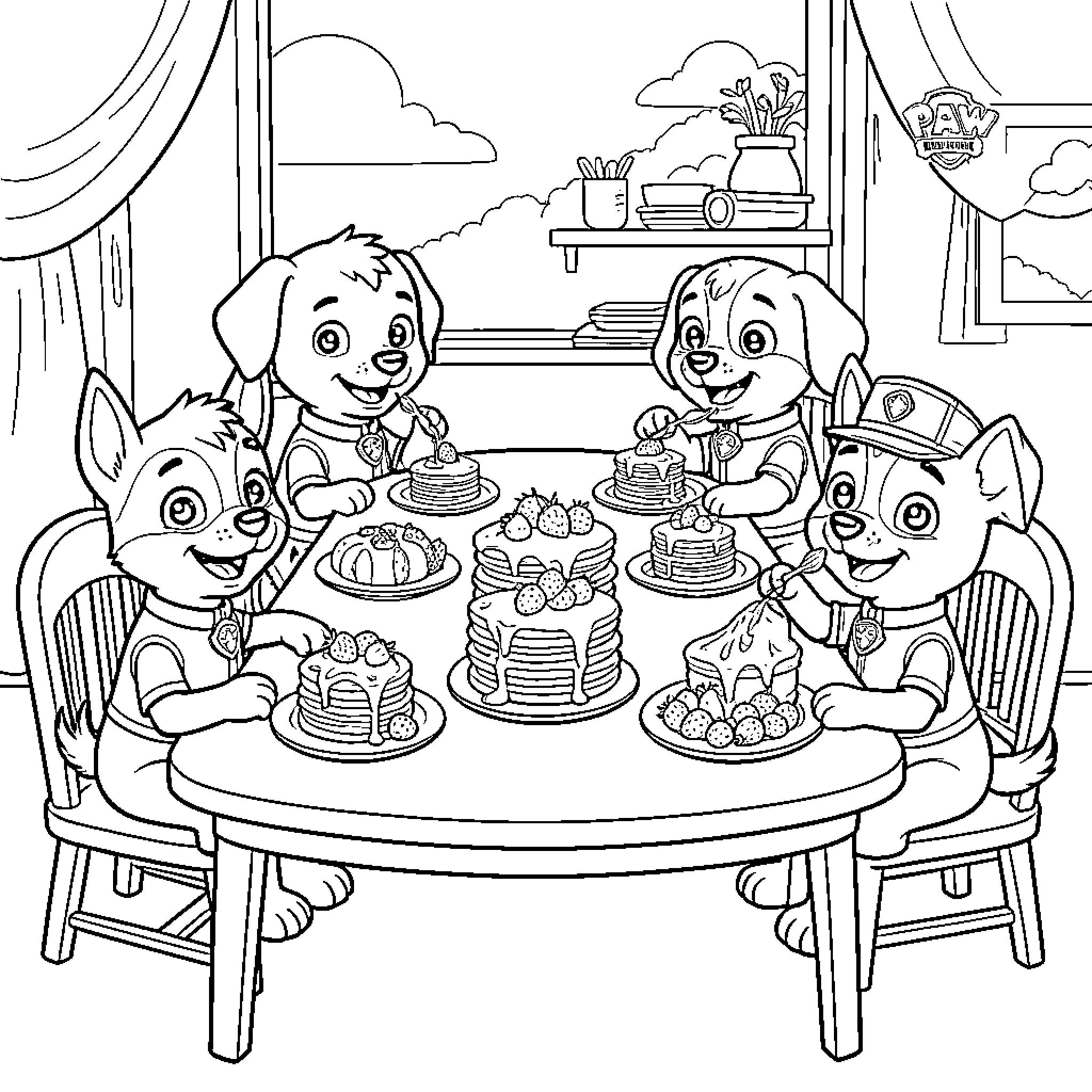 Paw Patrol Enjoying a Delightful Feast Together Coloring Page (free black-and-white line drawing printable PDF for all, from beginners to advanced learners, including children, teens, adults, and seniors)