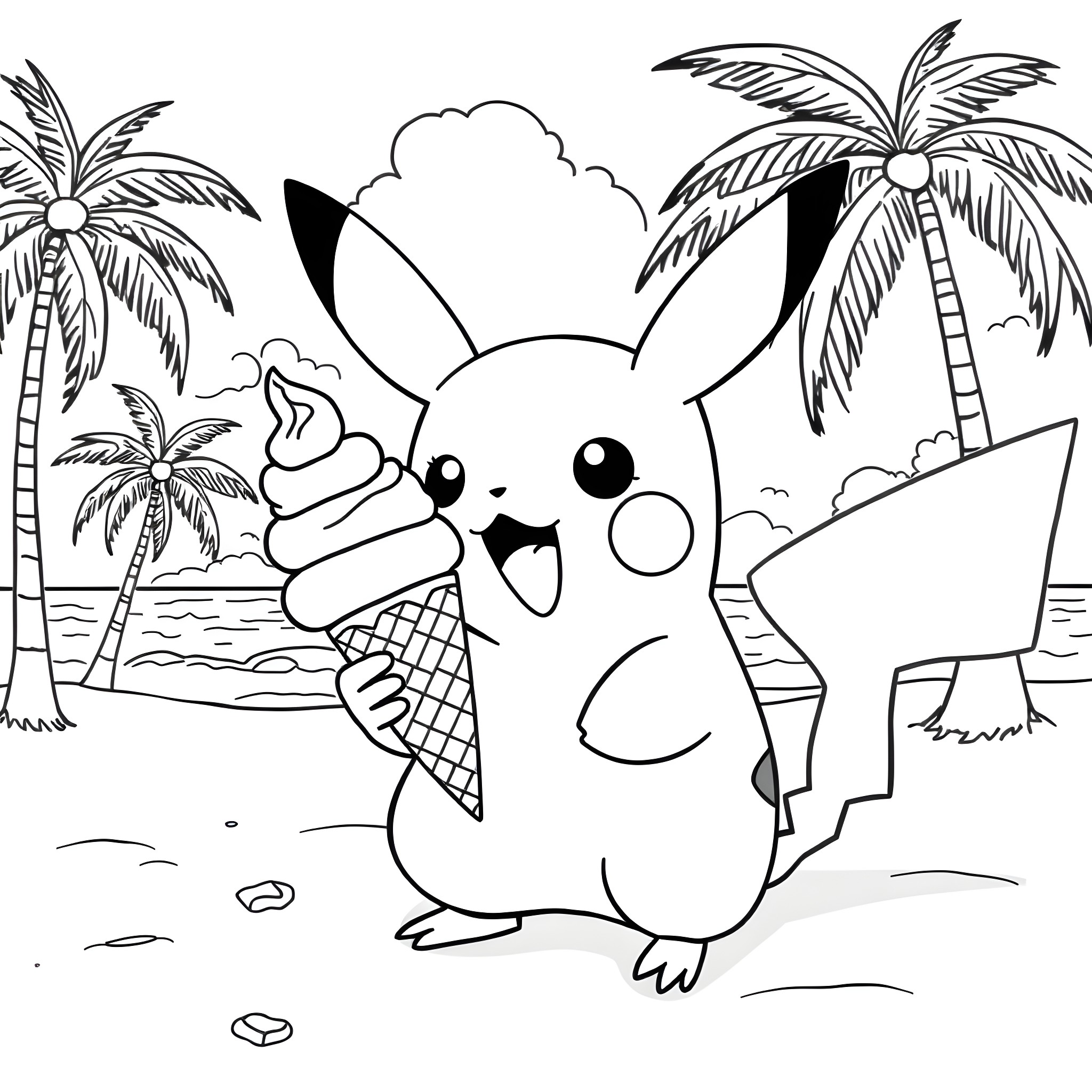 Pikachu enjoying an ice cream on the beach Coloring Page (free black-and-white line drawing printable PDF for all, from beginners to advanced learners, including children, teens, adults, and seniors)