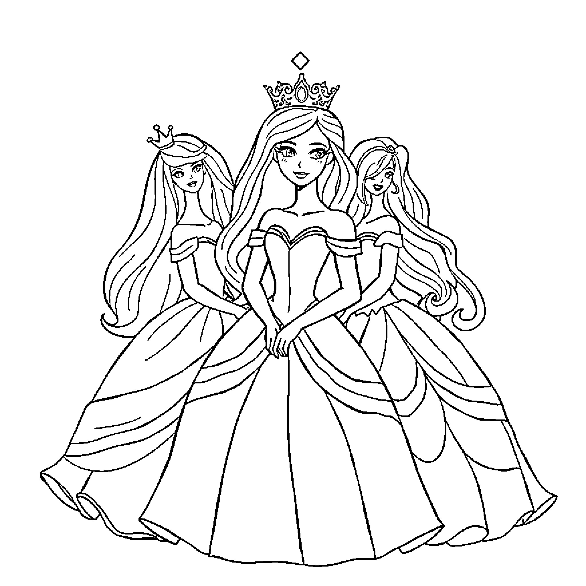 Princess and Her Royal Sisters in Elegant Gowns Coloring Page (free black-and-white line drawing printable PDF for all, from beginners to advanced learners, including children, teens, adults, and seniors)