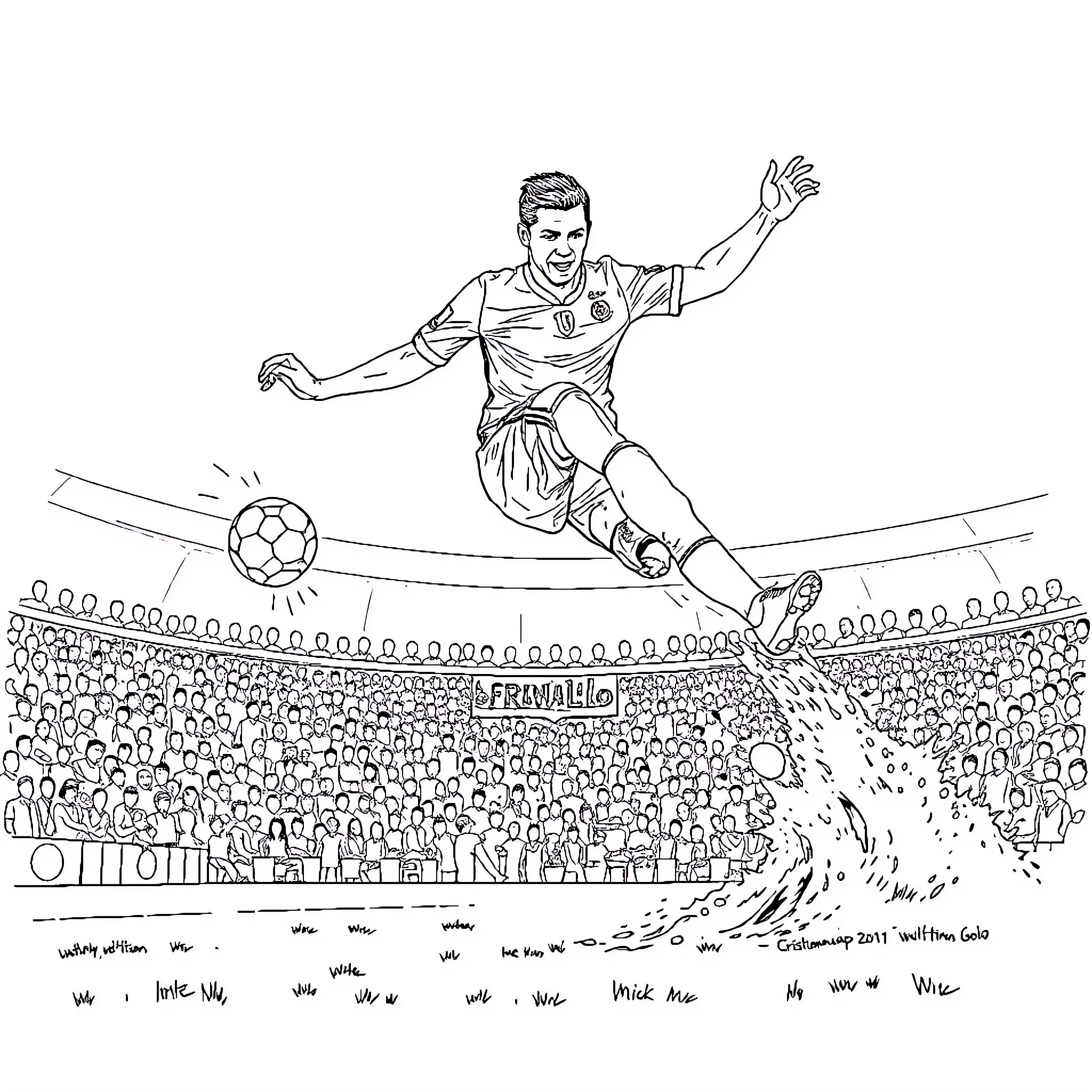 Cristiano Ronaldo scoring a goal in a soccer match Coloring Page (free black-and-white line drawing printable PDF for all, from beginners to advanced learners, including children, teens, adults, and seniors)