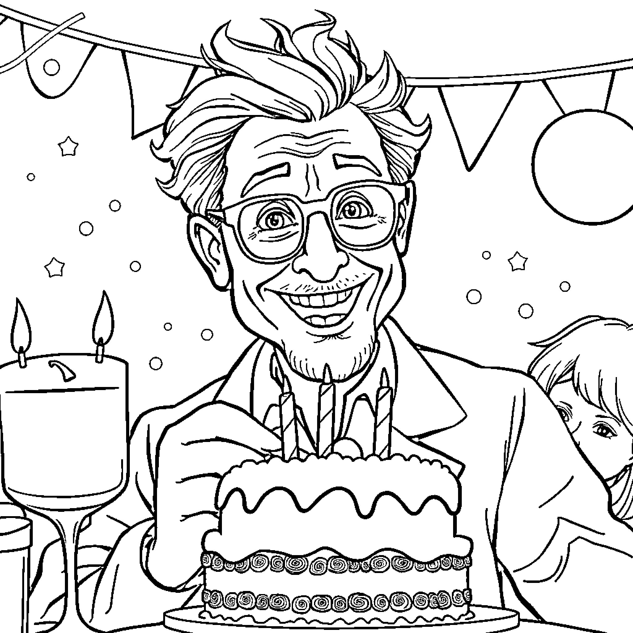 Physicist Celebrates Birthday with Cake and Decorations Coloring Page (free black-and-white line drawing printable PDF for all, from beginners to advanced learners, including children, teens, adults, and seniors)