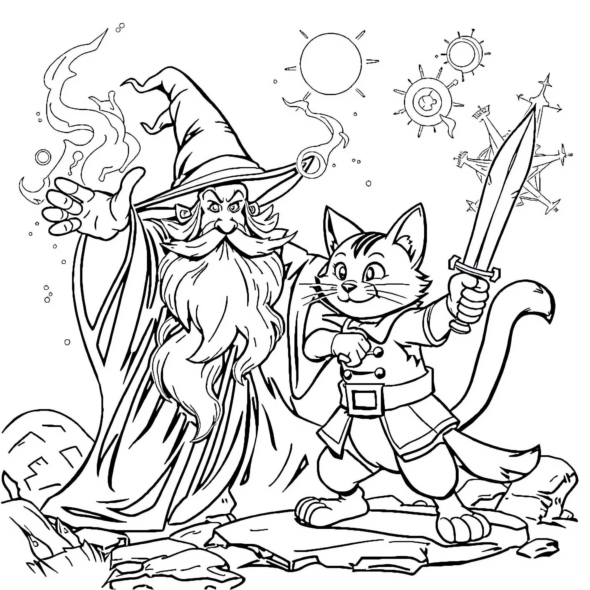 Wizard and his feline companion on an adventure Coloring Page (free black-and-white line drawing printable PDF for all, from beginners to advanced learners, including children, teens, adults, and seniors)