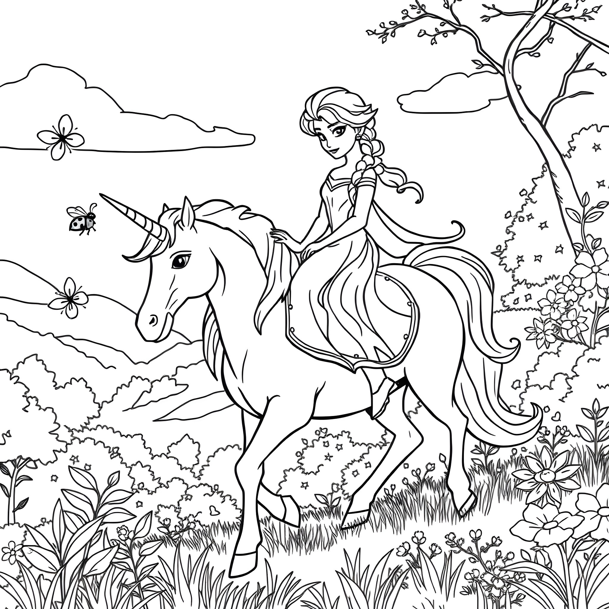 Elsa's Enchanting Ride with a Magical Unicorn Coloring Page (free black-and-white line drawing printable PDF for all, from beginners to advanced learners, including children, teens, adults, and seniors)