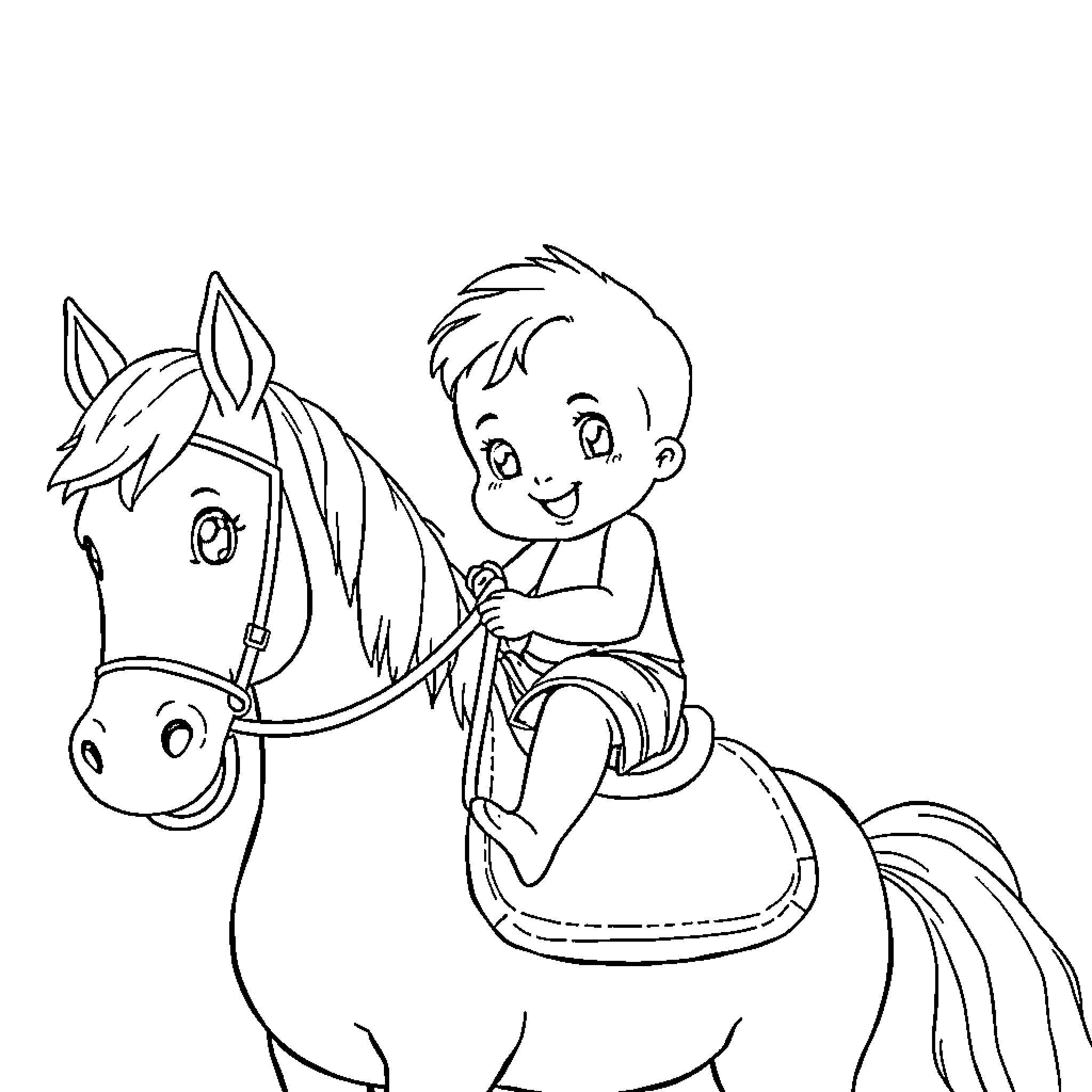 Baby riding a happy horse Coloring Page (free black-and-white line drawing printable PDF for all, from beginners to advanced learners, including children, teens, adults, and seniors)