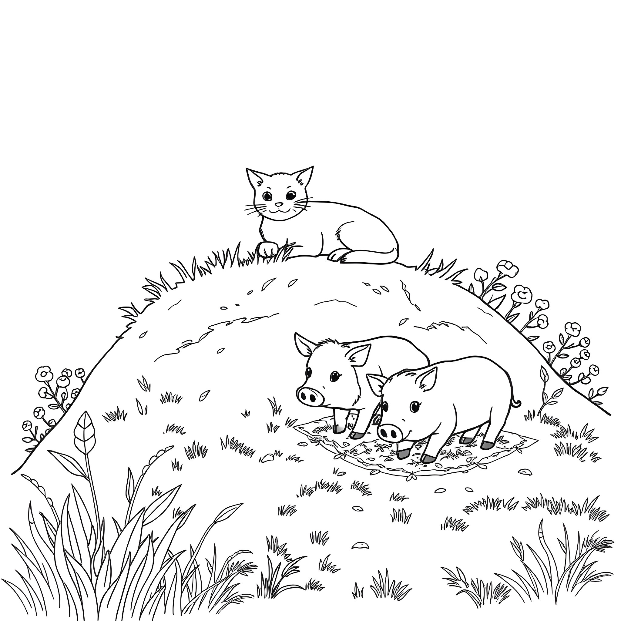 Cat and piglets in the meadow Coloring Page (free black-and-white line drawing printable PDF for all, from beginners to advanced learners, including children, teens, adults, and seniors)