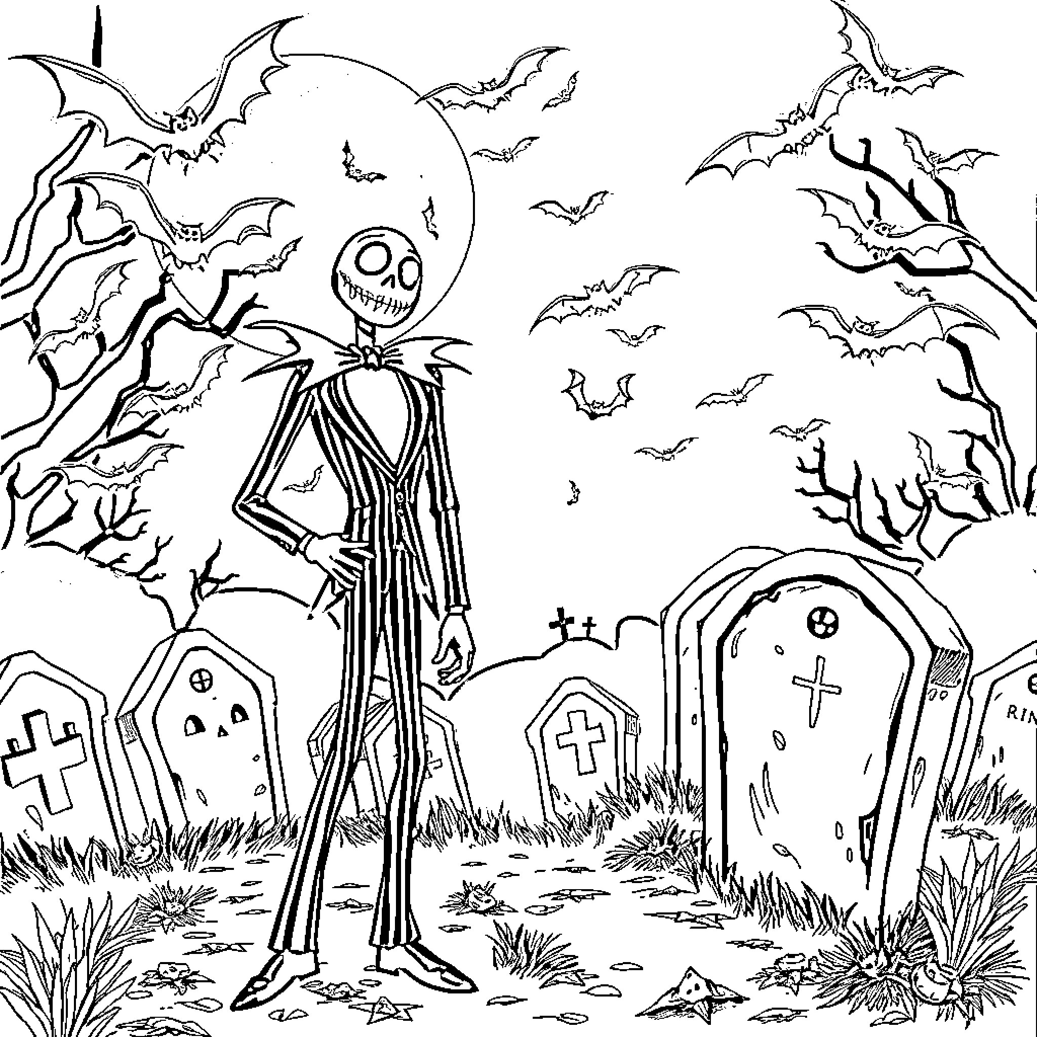 Beetlejuice in a Halloween graveyard scene Coloring Page (free black-and-white line drawing printable PDF for all, from beginners to advanced learners, including children, teens, adults, and seniors)