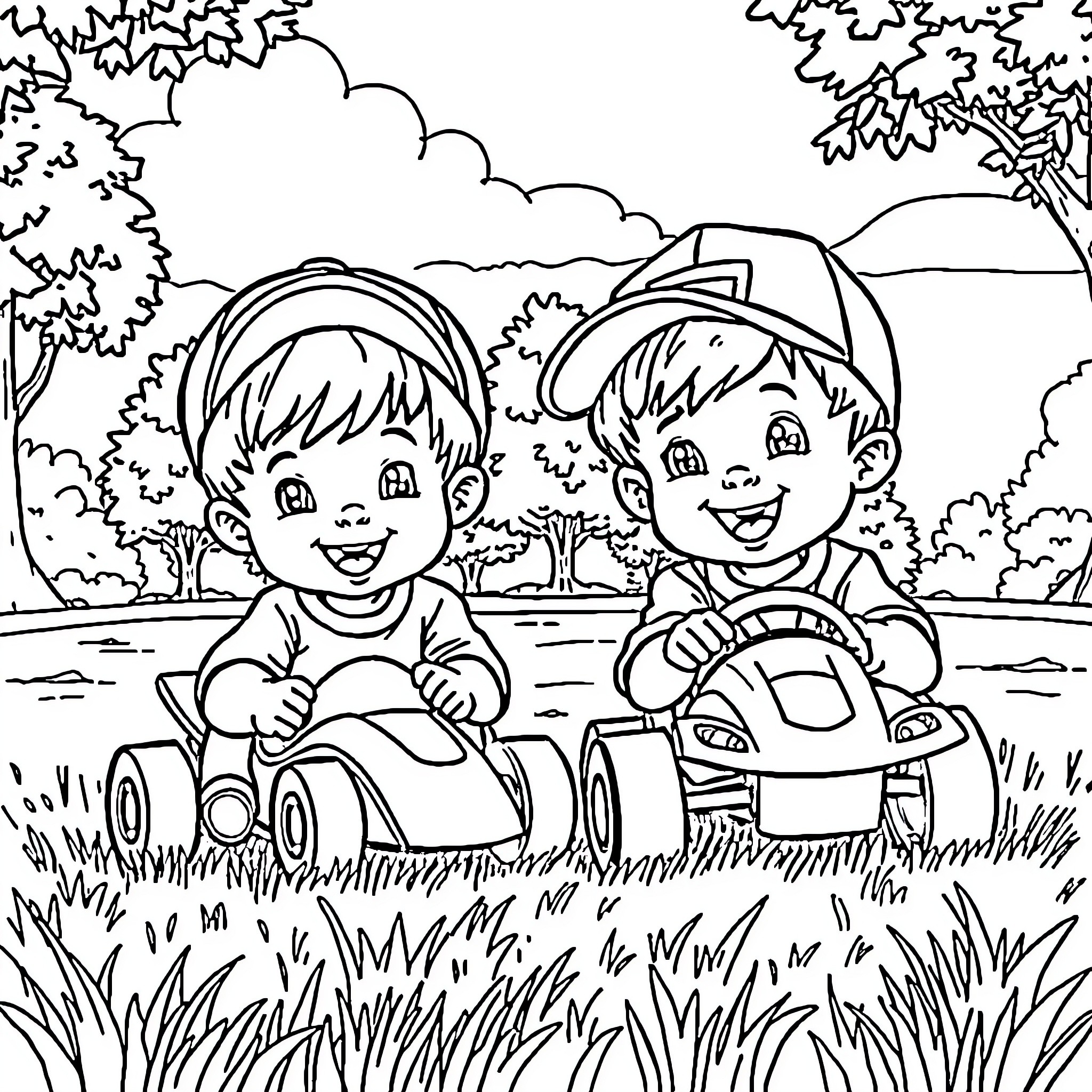 Boys playing happily with toy cars in the park Coloring Page (free black-and-white line drawing printable PDF for all, from beginners to advanced learners, including children, teens, adults, and seniors)