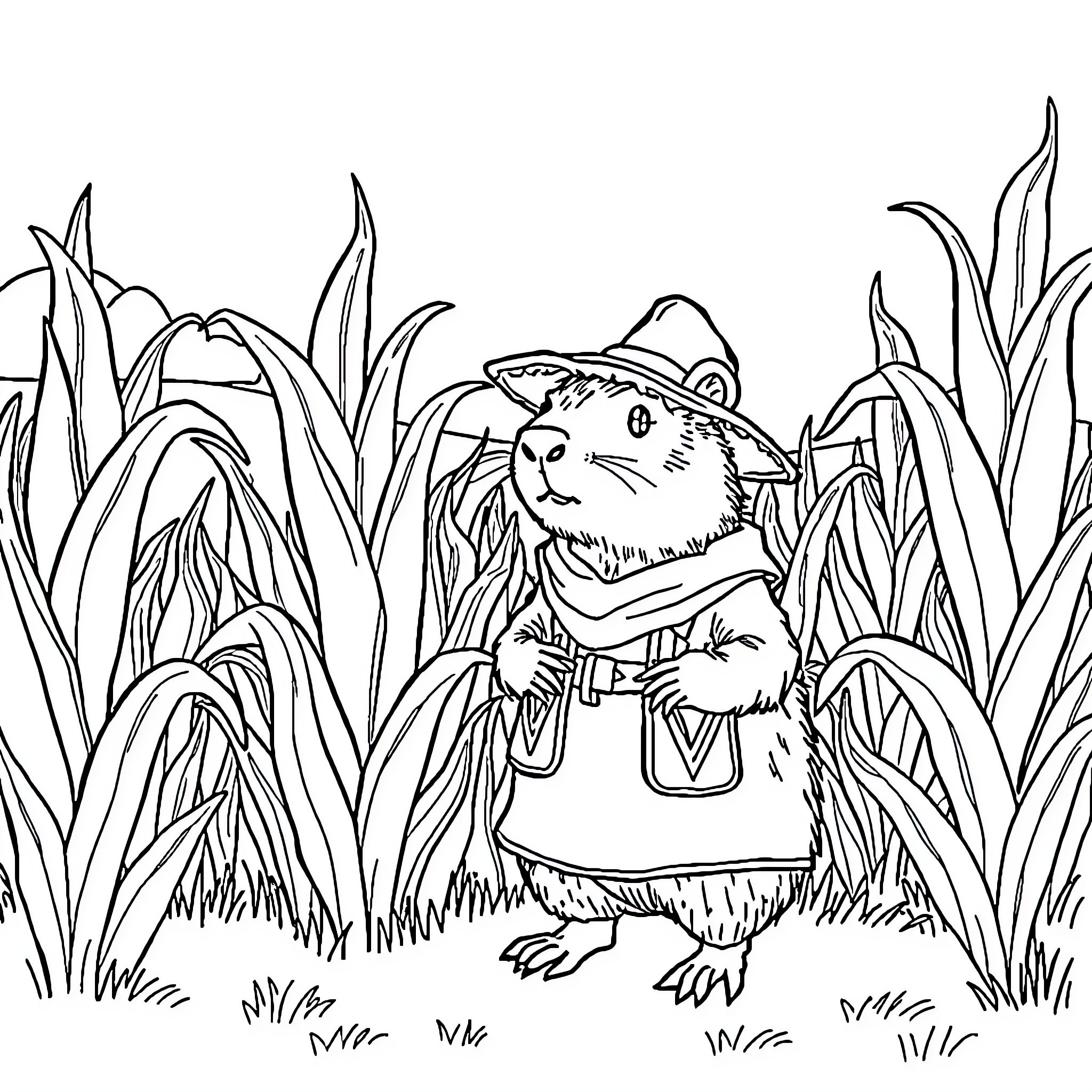 Capybara exploring the lush greenery Coloring Page (free black-and-white line drawing printable PDF for all, from beginners to advanced learners, including children, teens, adults, and seniors)