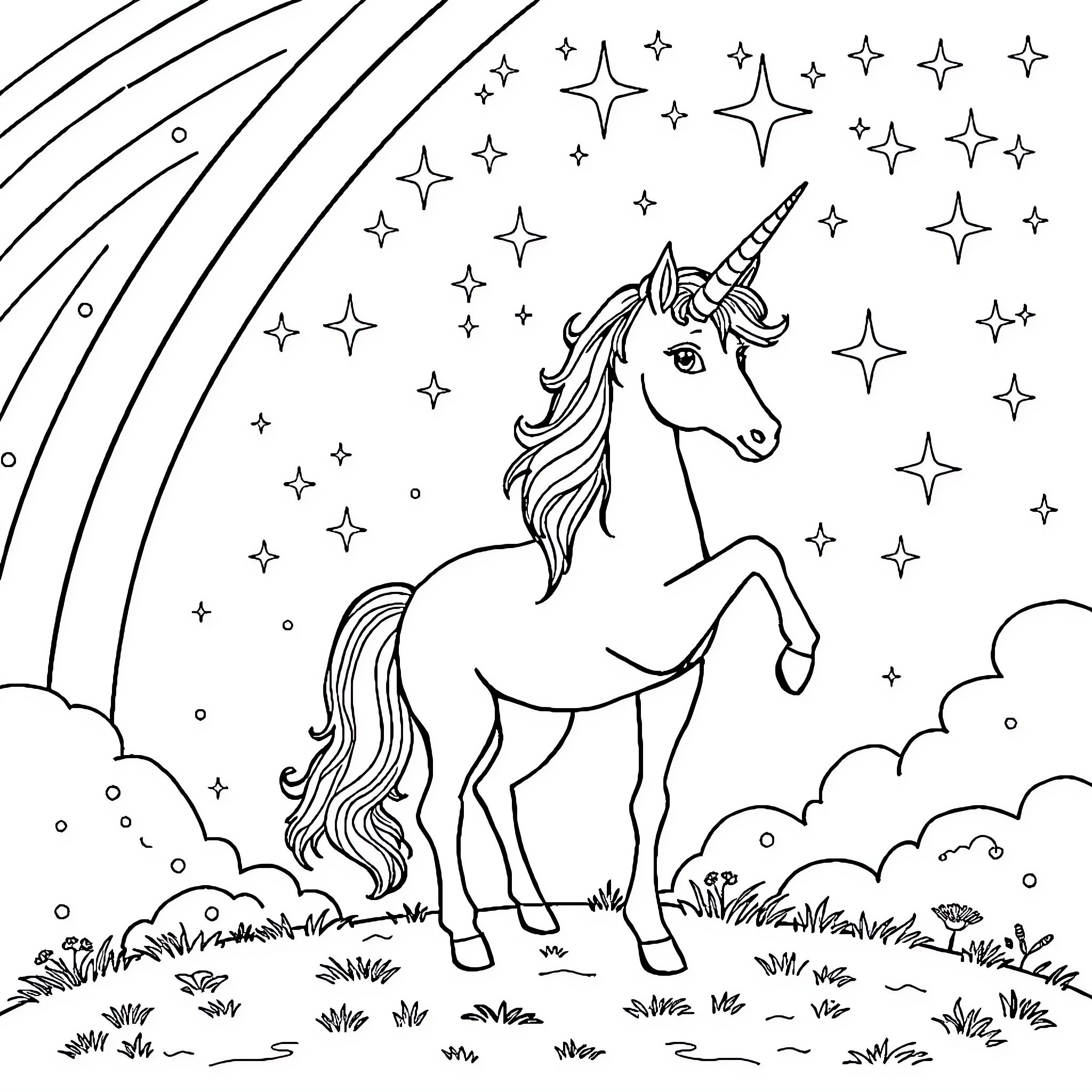 Unicorn under starry night sky Coloring Page (free black-and-white line drawing printable PDF for all, from beginners to advanced learners, including children, teens, adults, and seniors)
