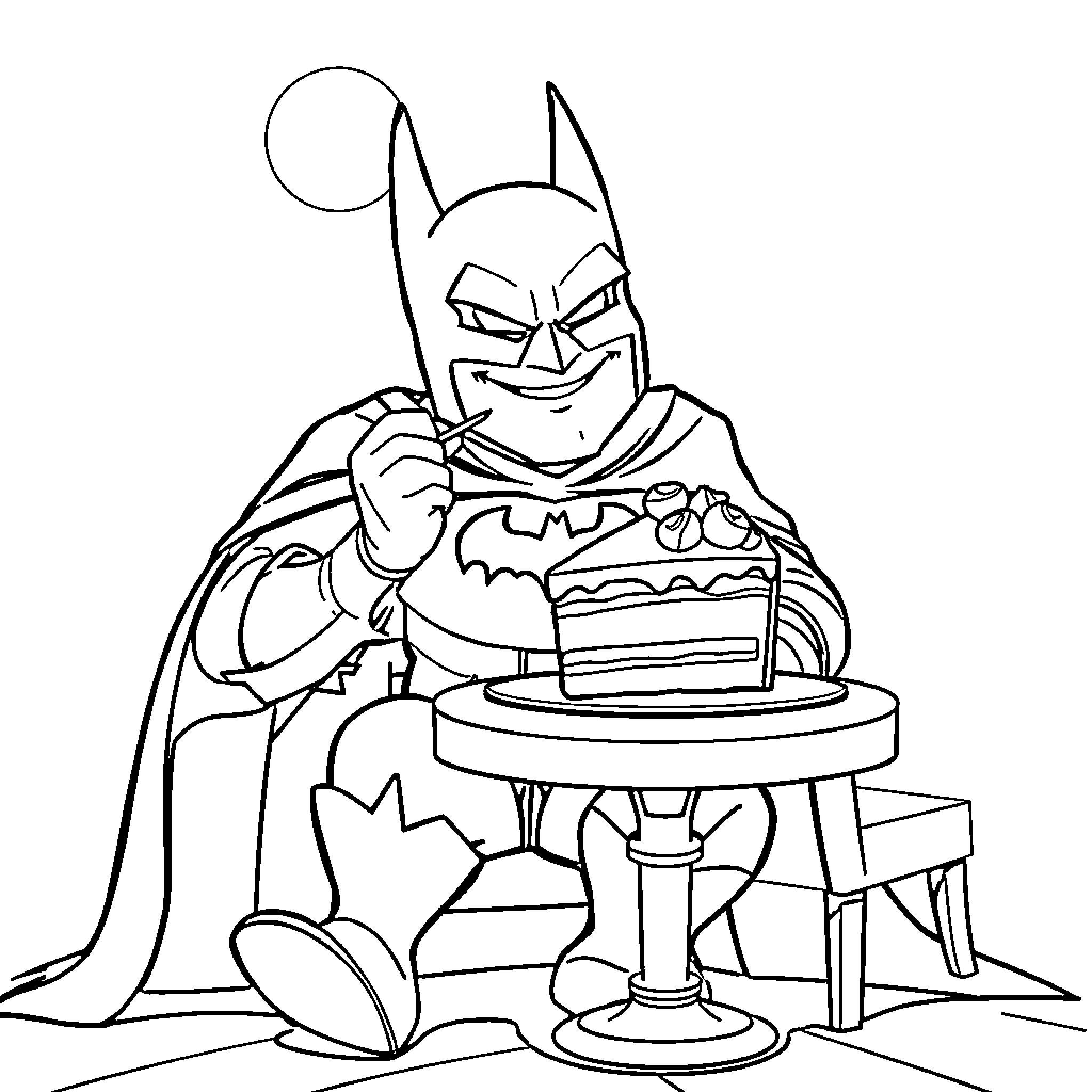 Batman enjoying a delectable cake Coloring Page (free black-and-white line drawing printable PDF for all, from beginners to advanced learners, including children, teens, adults, and seniors)