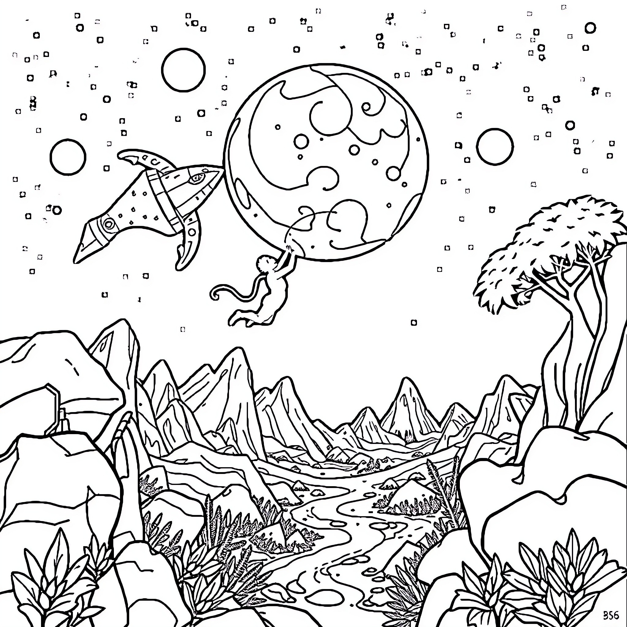 World of Fantastical Creatures and Landscapes Coloring Page (free black-and-white line drawing printable PDF for all, from beginners to advanced learners, including children, teens, adults, and seniors)