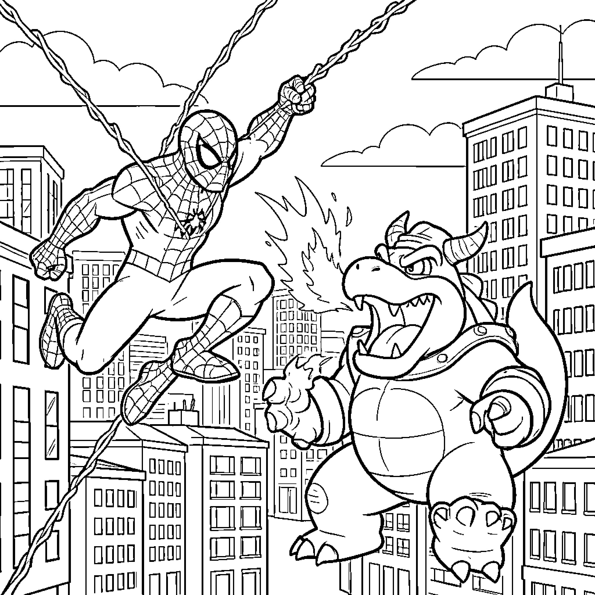 Spiderman swinging over the city, battling villains Coloring Page (free black-and-white line drawing printable PDF for all, from beginners to advanced learners, including children, teens, adults, and seniors)