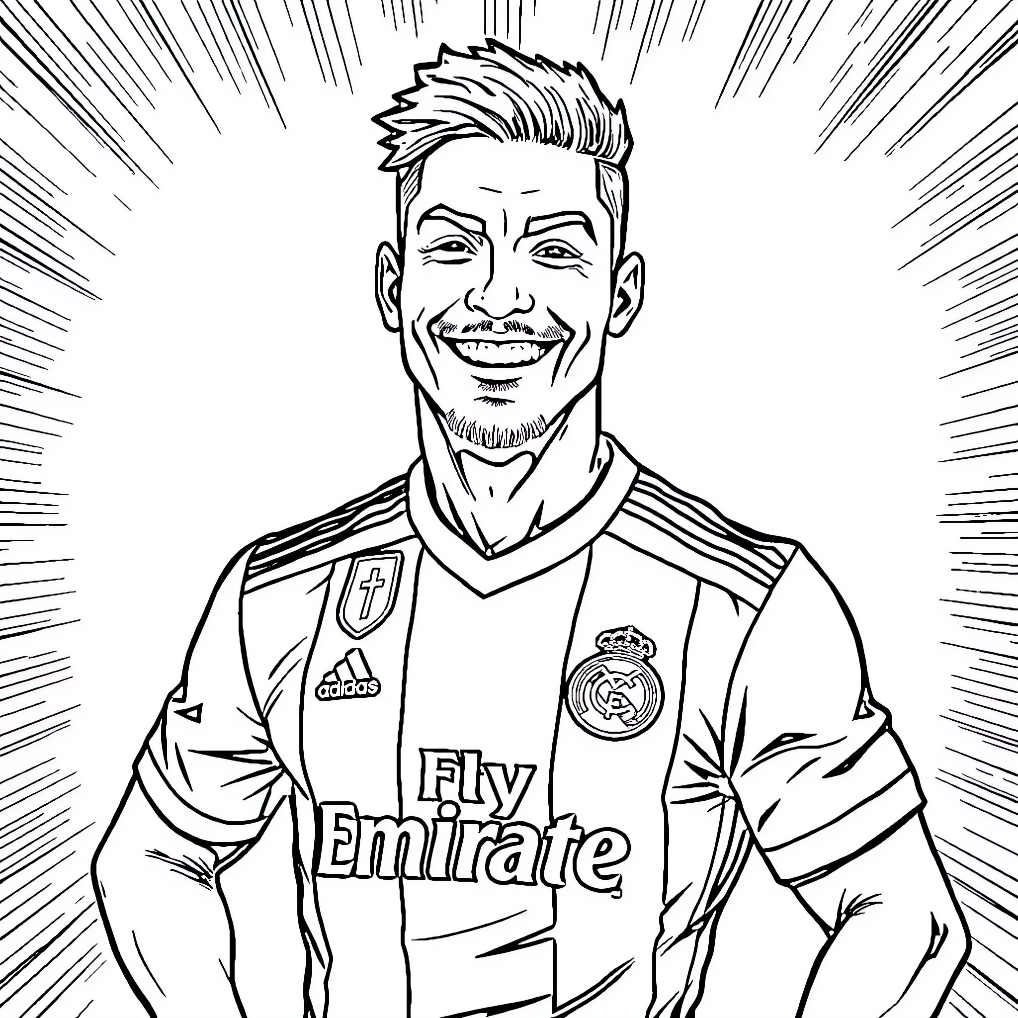 Oliver Atom in sports jersey celebrating with enthusiastic expression Coloring Page (free black-and-white line drawing printable PDF for all, from beginners to advanced learners, including children, teens, adults, and seniors)