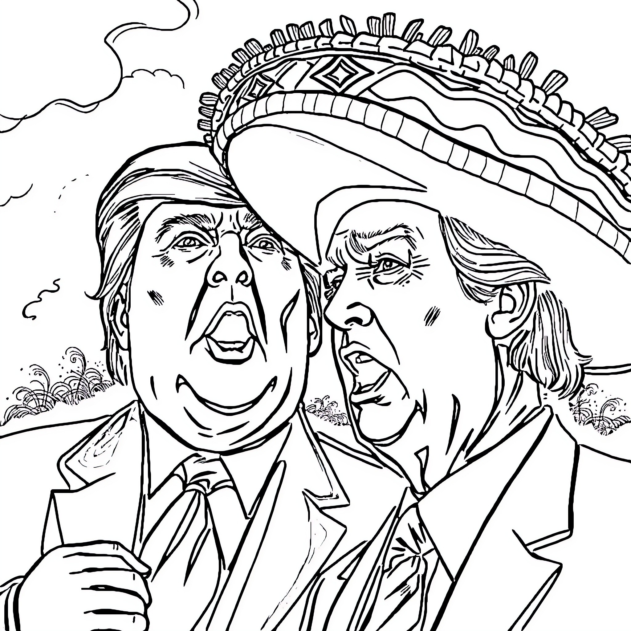 Donald Trump and a political rival in a heated discussion Coloring Page (free black-and-white line drawing printable PDF for all, from beginners to advanced learners, including children, teens, adults, and seniors)