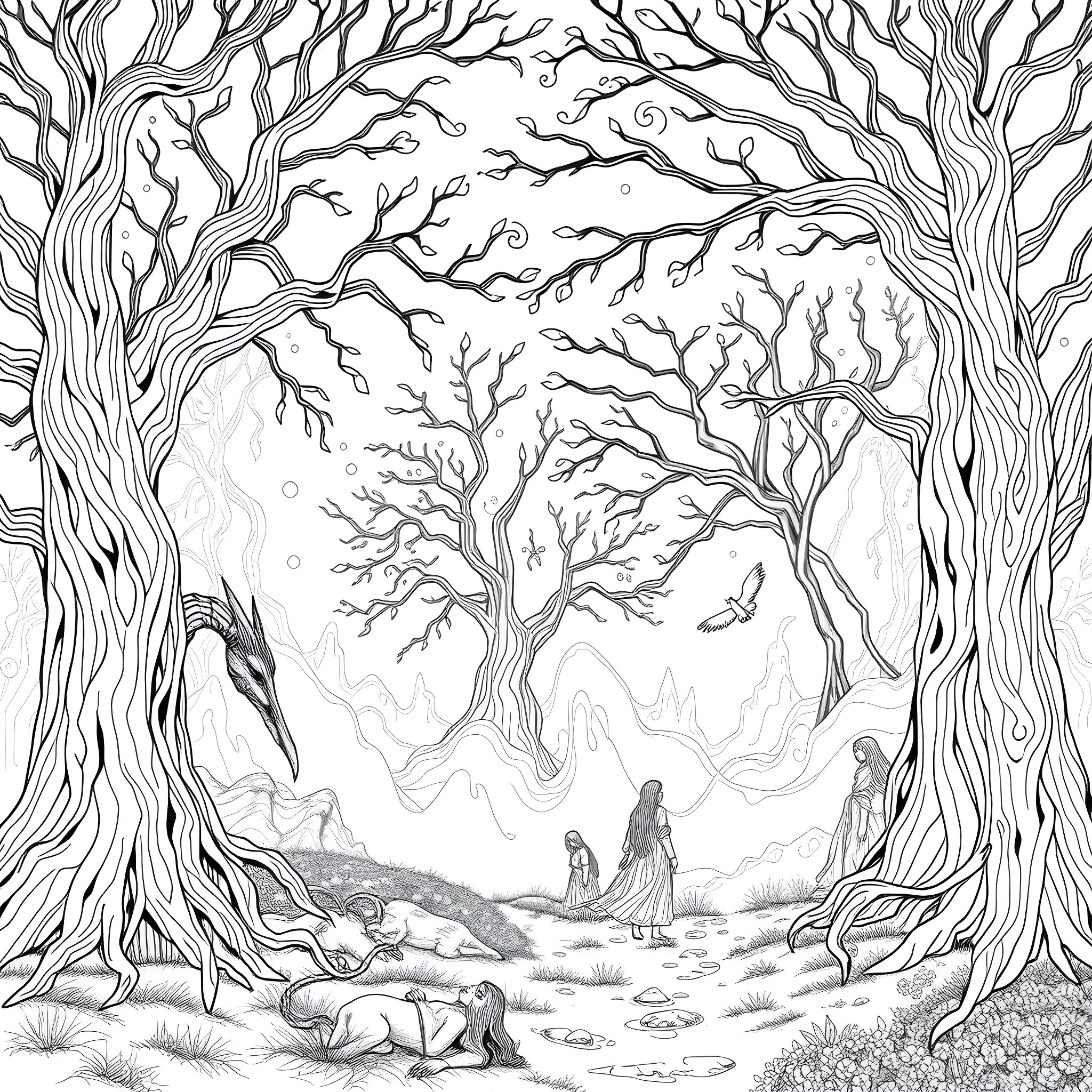 Supernatural Enchanted Forest with Mystical Figures Coloring Page (free black-and-white line drawing printable PDF for all, from beginners to advanced learners, including children, teens, adults, and seniors)