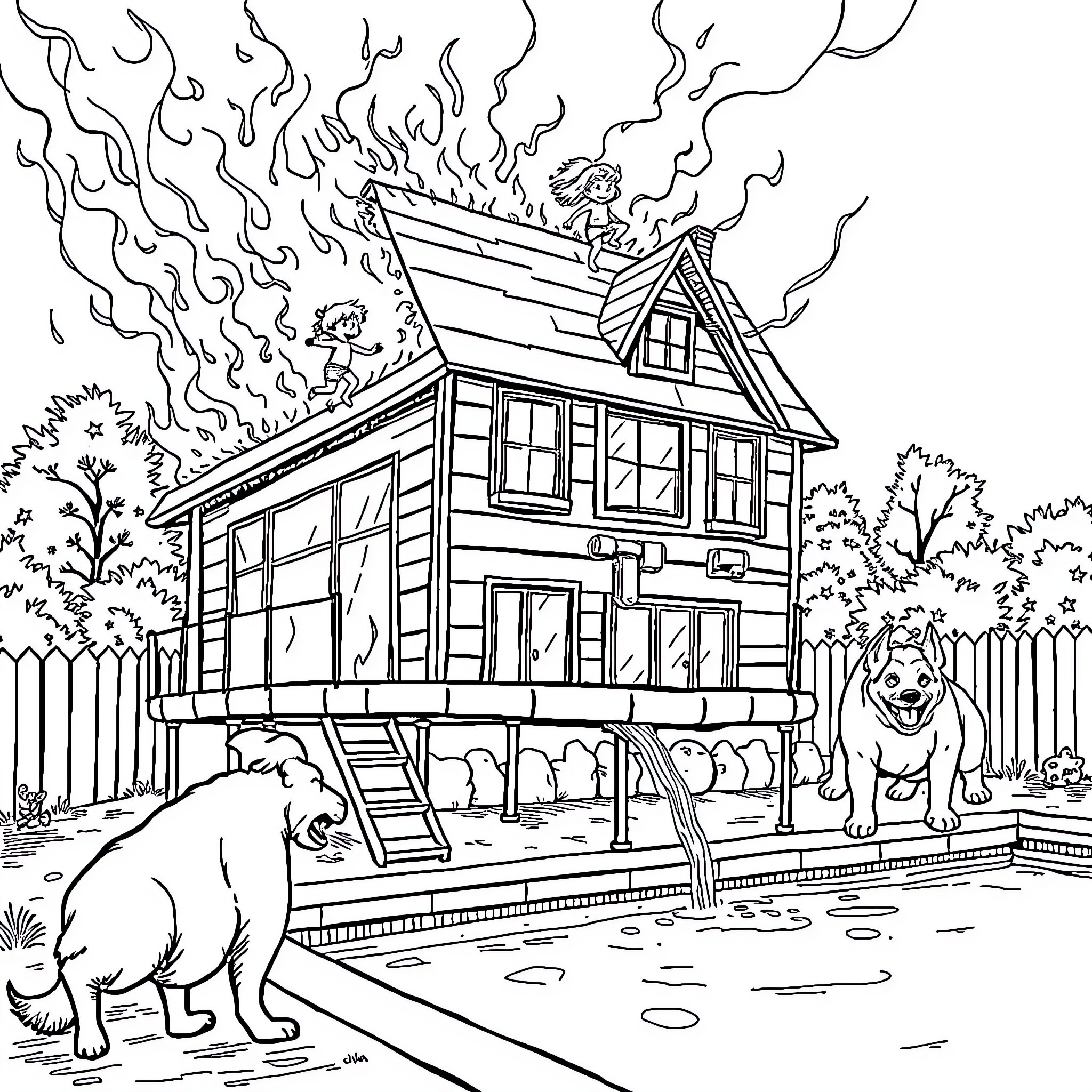 House on Fire with Animals Watching Coloring Page (free black-and-white line drawing printable PDF for all, from beginners to advanced learners, including children, teens, adults, and seniors)