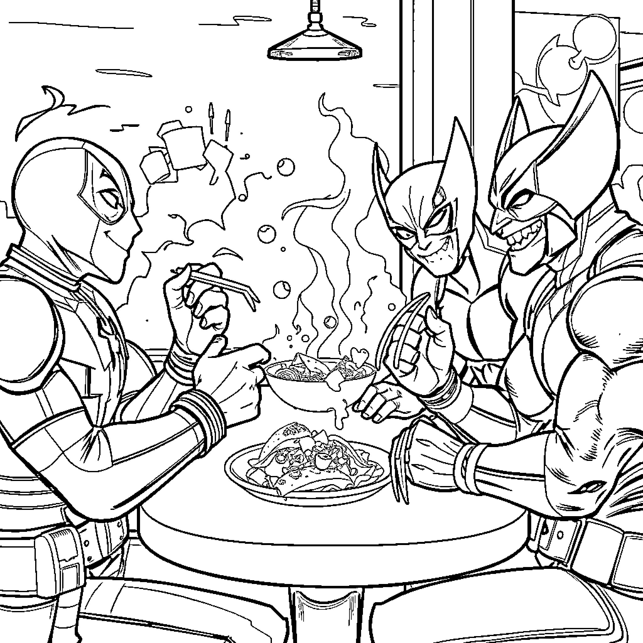 Deadpool sharing a meal with Marvel superheroes Coloring Page (free black-and-white line drawing printable PDF for all, from beginners to advanced learners, including children, teens, adults, and seniors)
