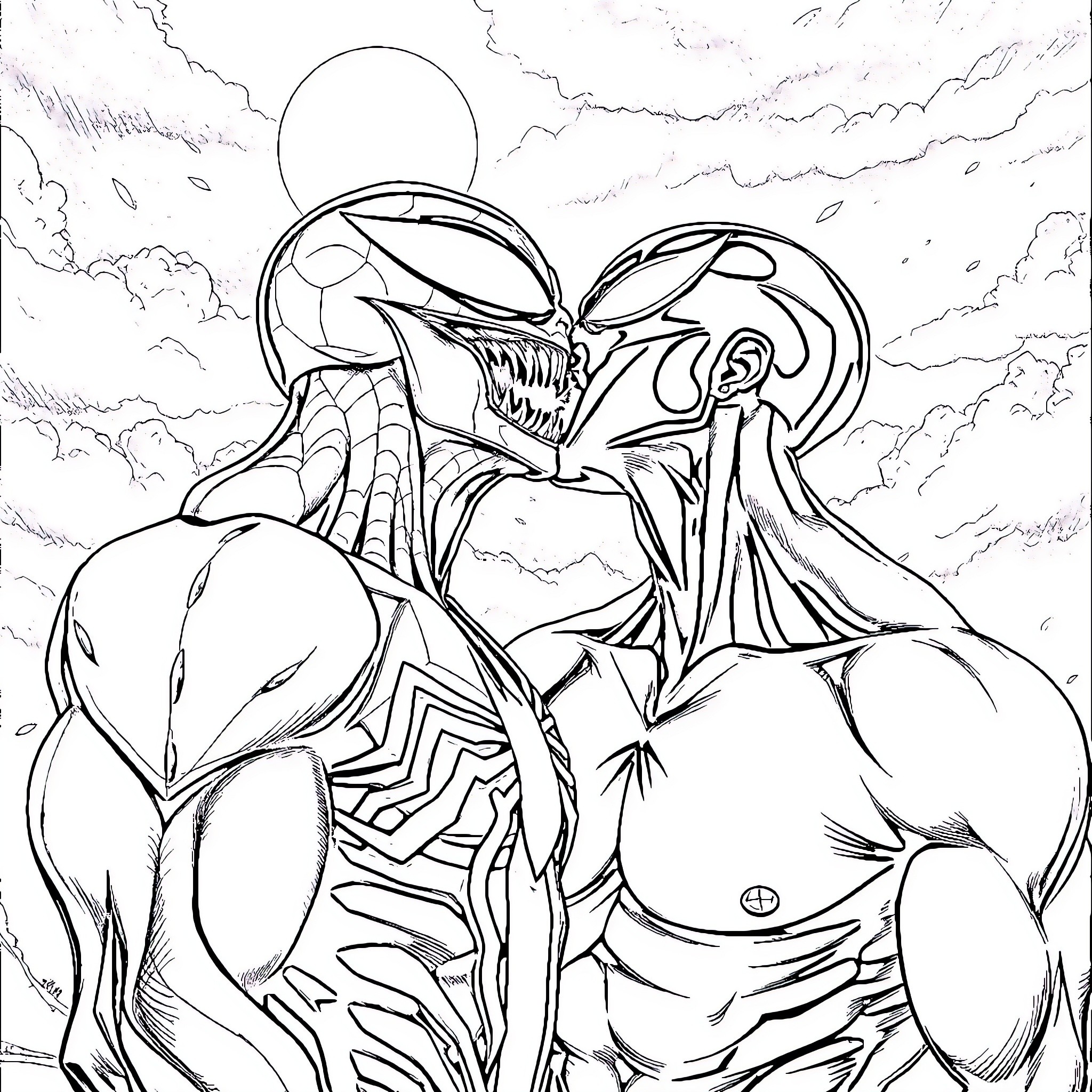 Venom's Menacing Presence in Stormy Skies Coloring Page (free black-and-white line drawing printable PDF for all, from beginners to advanced learners, including children, teens, adults, and seniors)