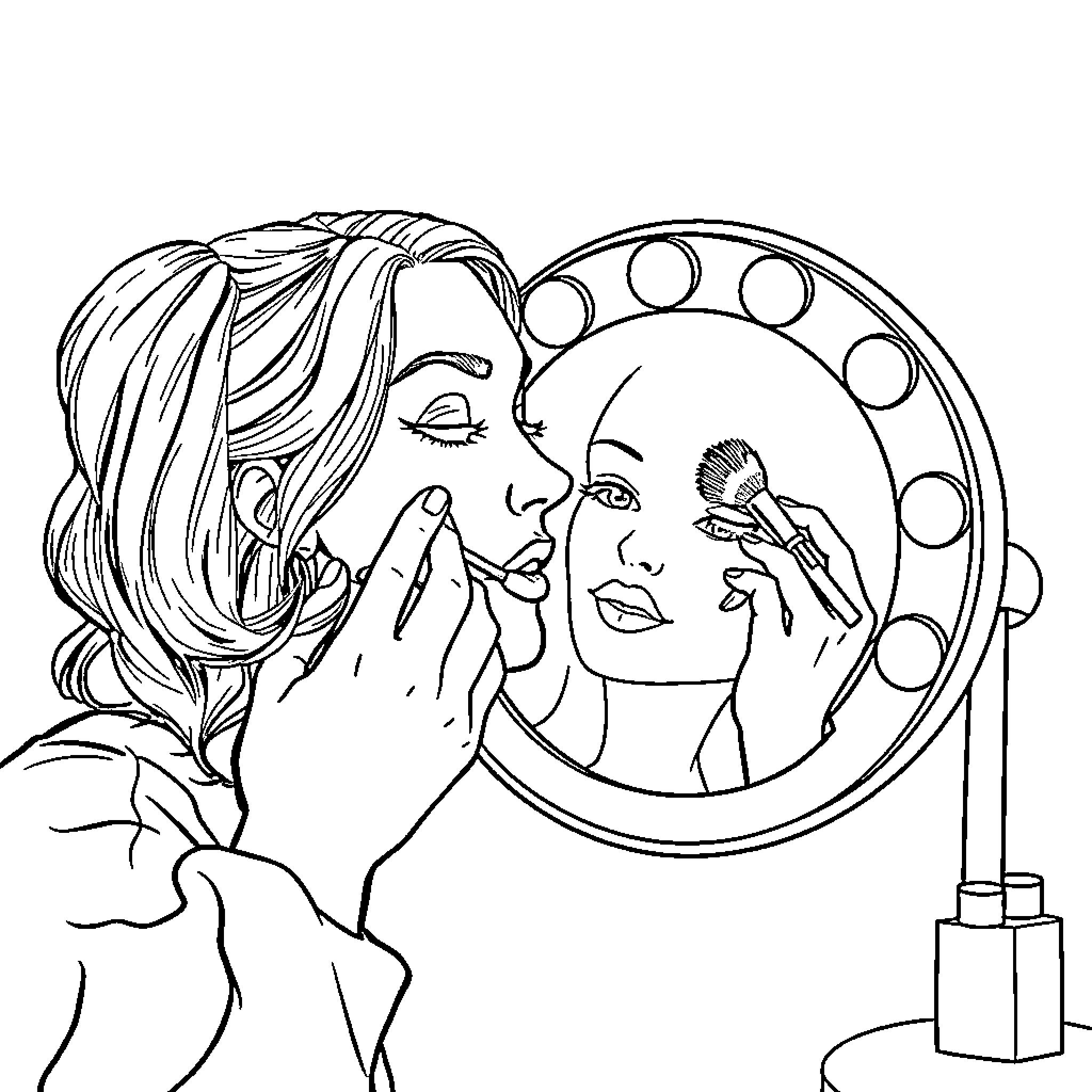 Makeup Artist at Work with Model Coloring Page (free black-and-white line drawing printable PDF for all, from beginners to advanced learners, including children, teens, adults, and seniors)