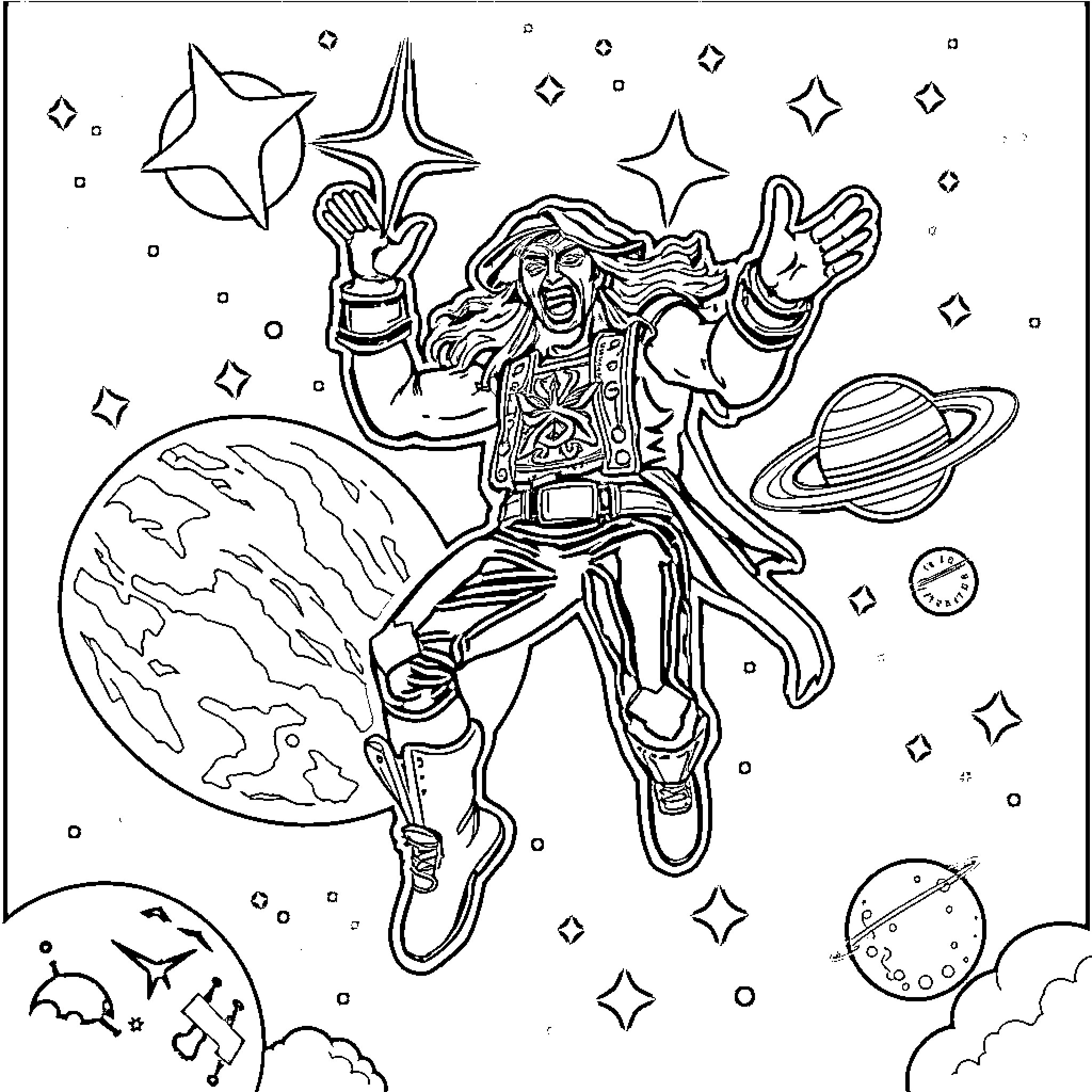 Ace Frehley's Interstellar Showmanship Coloring Page (free black-and-white line drawing printable PDF for all, from beginners to advanced learners, including children, teens, adults, and seniors)