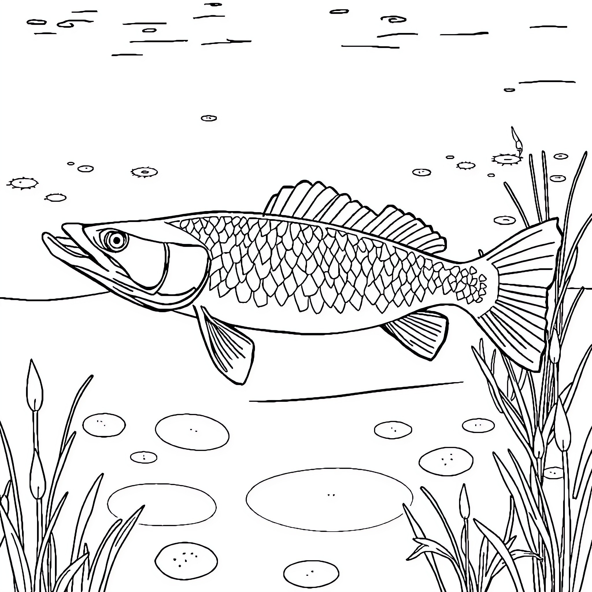Pike swimming in the underwater scene Coloring Page (free black-and-white line drawing printable PDF for all, from beginners to advanced learners, including children, teens, adults, and seniors)