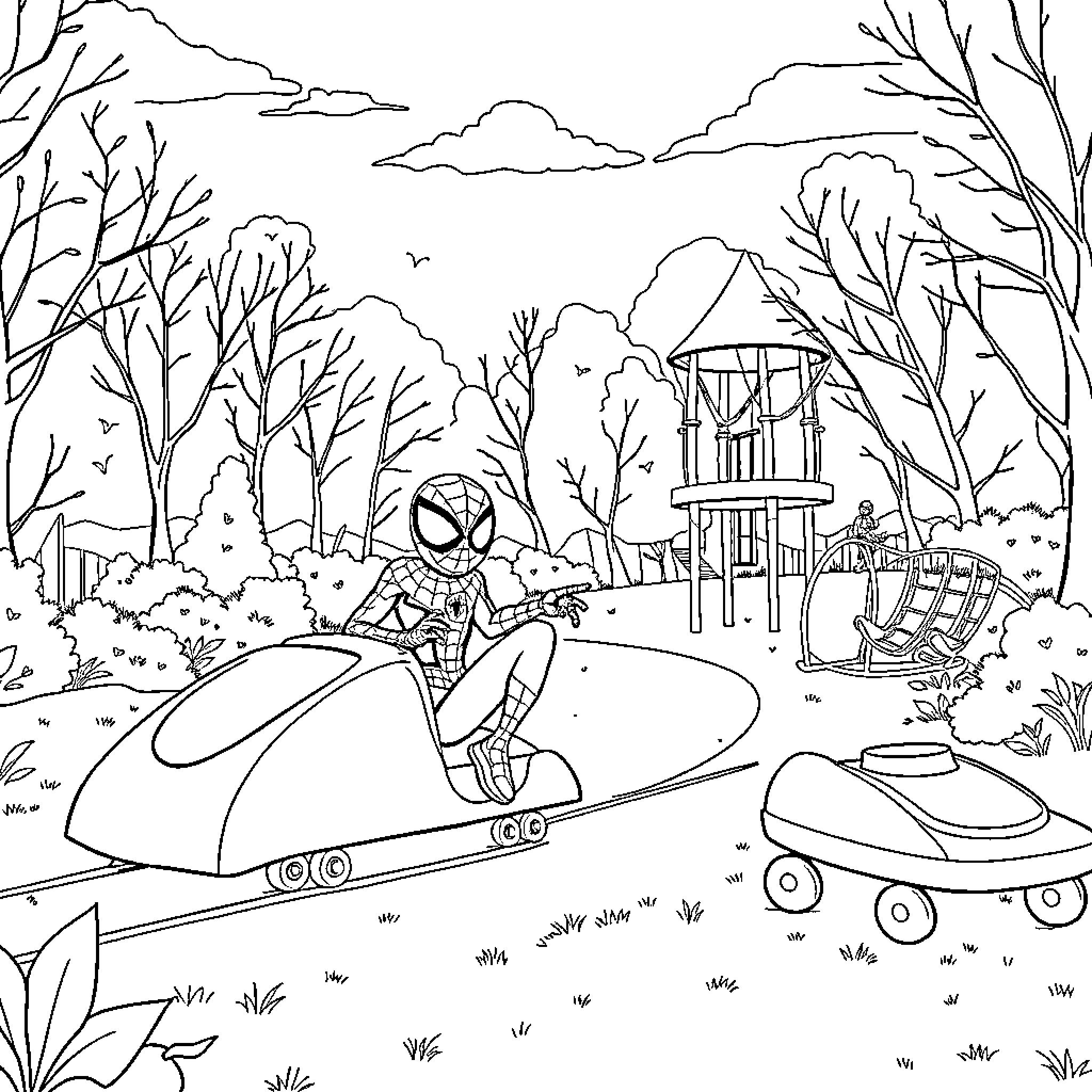 Spidey's adventure in the forest playground Coloring Page (free black-and-white line drawing printable PDF for all, from beginners to advanced learners, including children, teens, adults, and seniors)