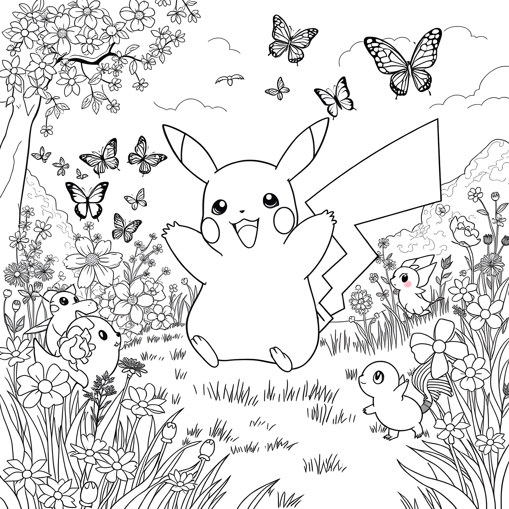 Pikachu playing in a floral garden with butterflies Coloring Page (free black-and-white line drawing printable PDF for all, from beginners to advanced learners, including children, teens, adults, and seniors)
