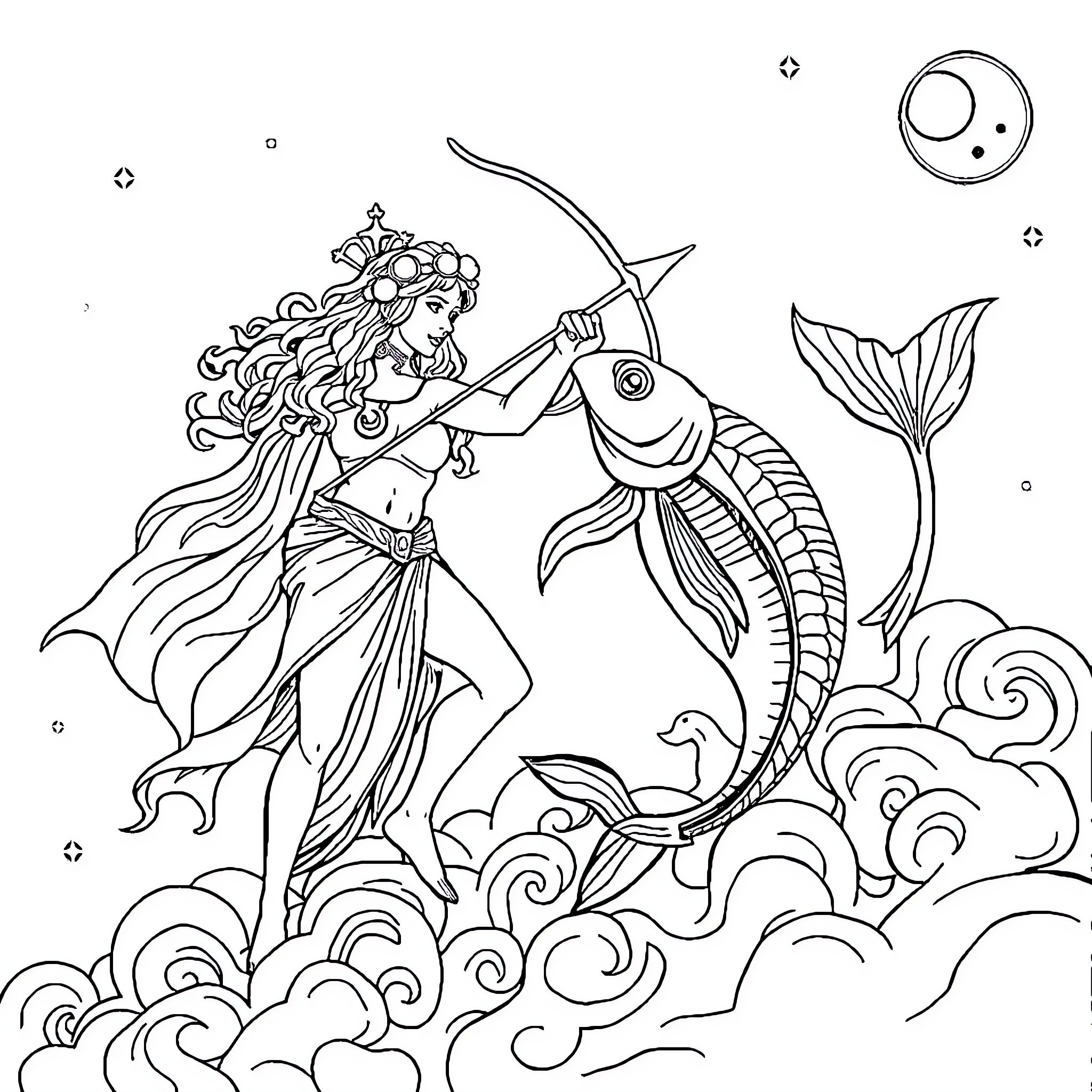 Sagittarius Archer Battles Mythical Sea Creature Coloring Page (free black-and-white line drawing printable PDF for all, from beginners to advanced learners, including children, teens, adults, and seniors)