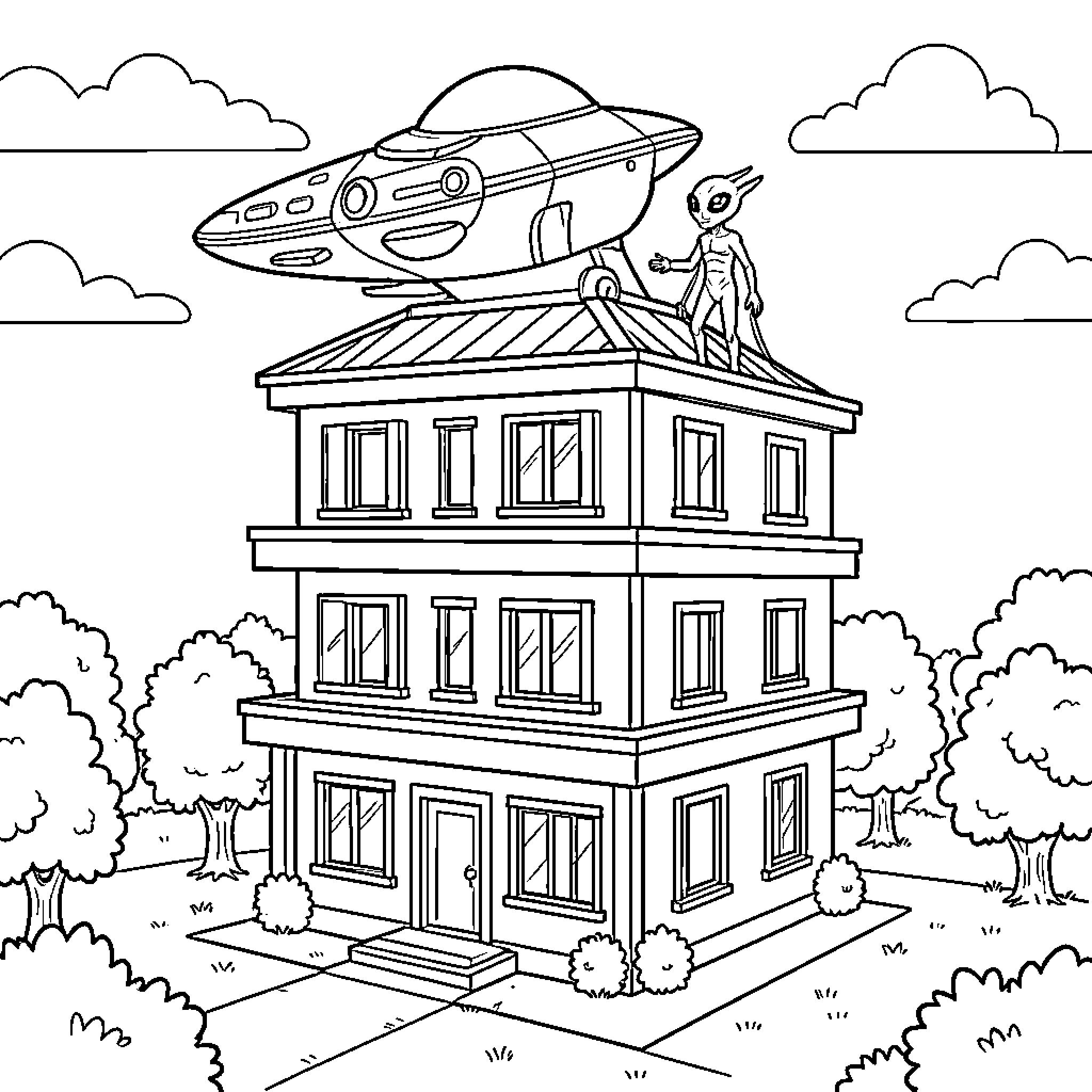 Maison with an alien landing a spaceship on top Coloring Page (free black-and-white line drawing printable PDF for all, from beginners to advanced learners, including children, teens, adults, and seniors)