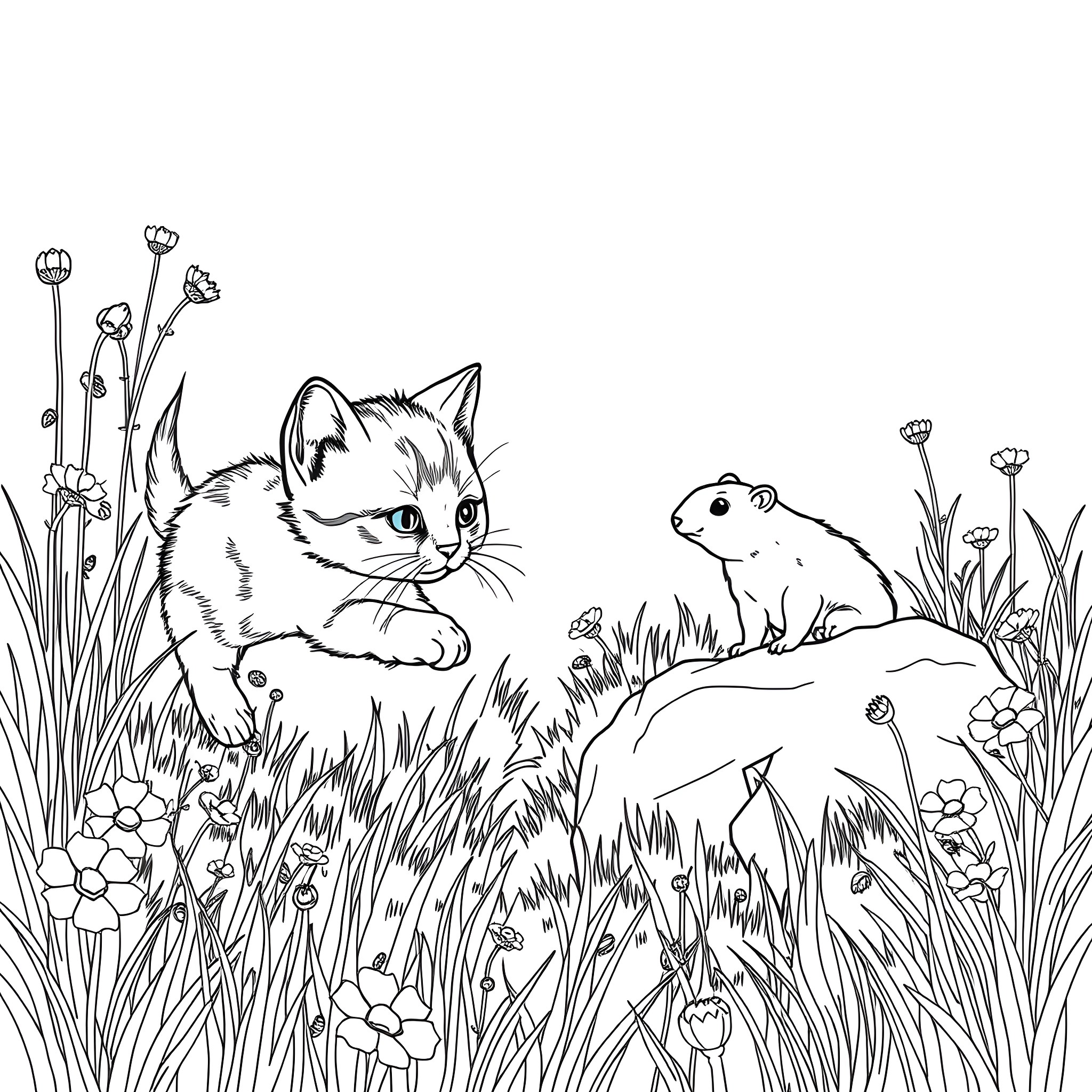 Kitten and mouse playing in the garden Coloring Page (free black-and-white line drawing printable PDF for all, from beginners to advanced learners, including children, teens, adults, and seniors)