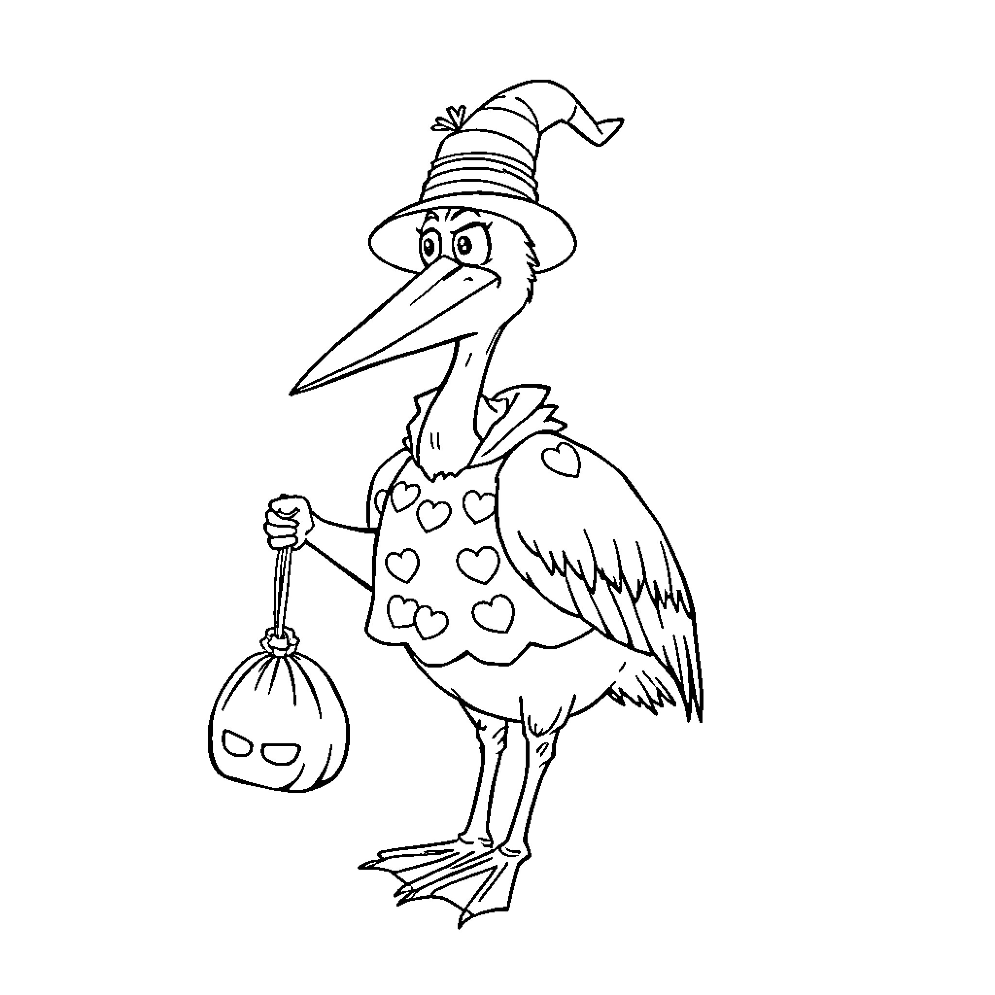 Pelican wearing a whimsical costume Coloring Page (free black-and-white line drawing printable PDF for all, from beginners to advanced learners, including children, teens, adults, and seniors)