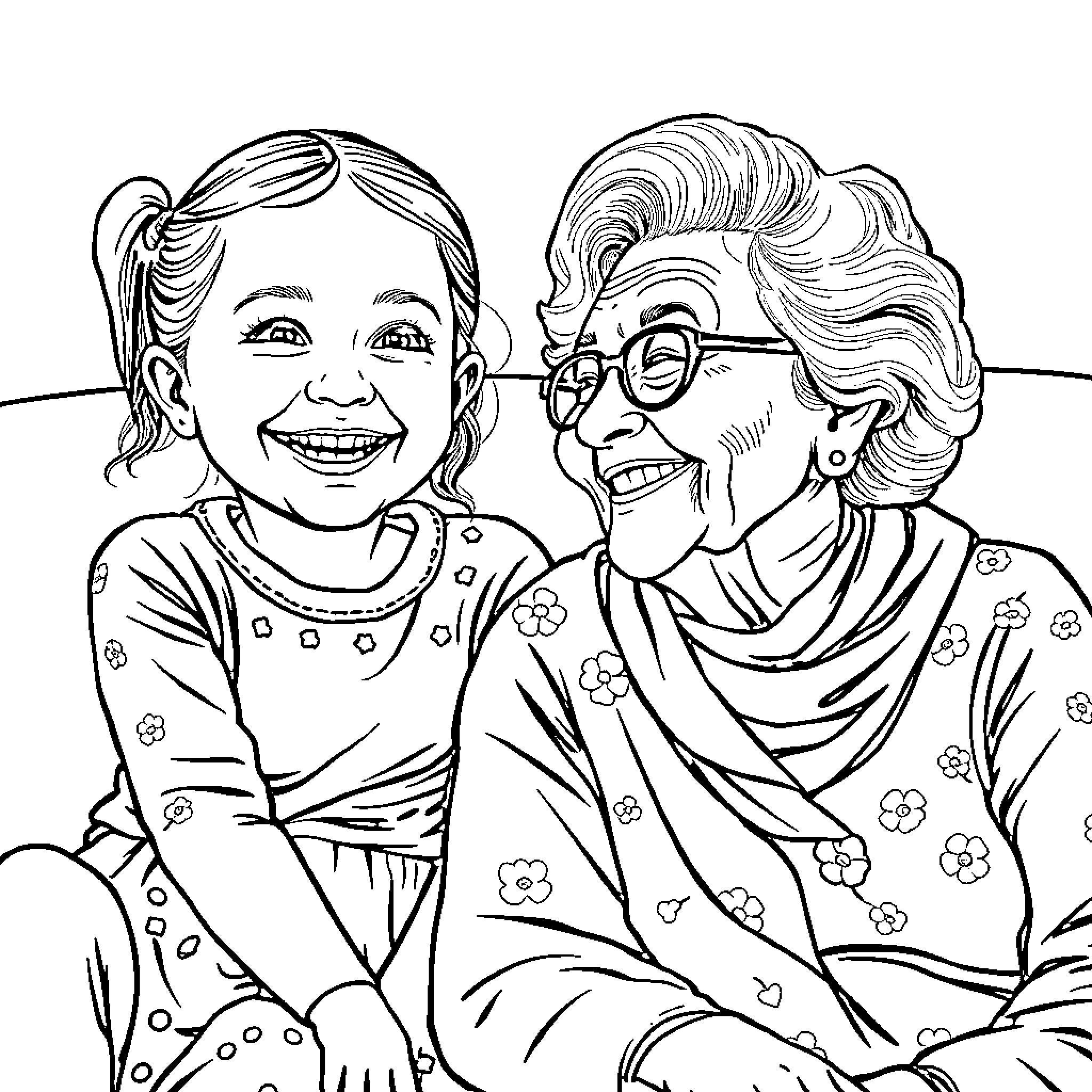 Granddaughter sharing a joyful moment with grandmother Coloring Page (free black-and-white line drawing printable PDF for all, from beginners to advanced learners, including children, teens, adults, and seniors)