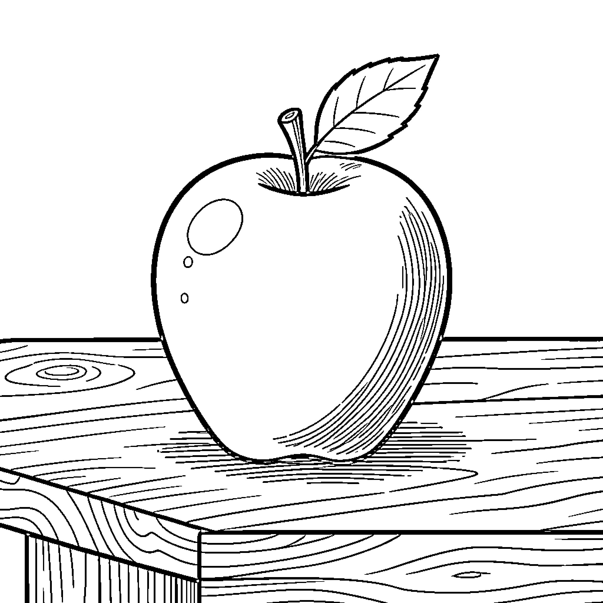 Apple resting on wooden table Coloring Page (free black-and-white line drawing printable PDF for all, from beginners to advanced learners, including children, teens, adults, and seniors)