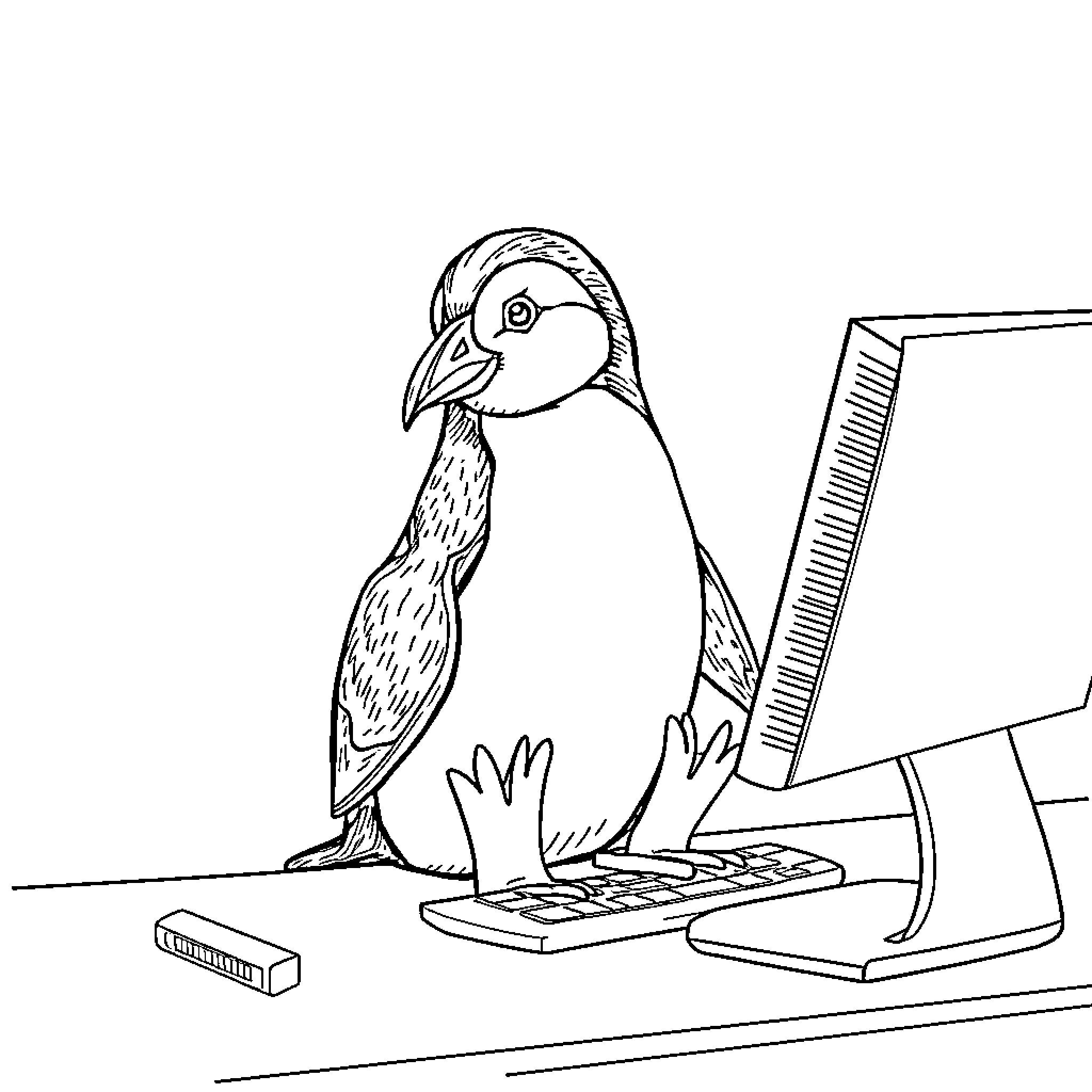 Penguin using computer equipment in the office Coloring Page (free black-and-white line drawing printable PDF for all, from beginners to advanced learners, including children, teens, adults, and seniors)