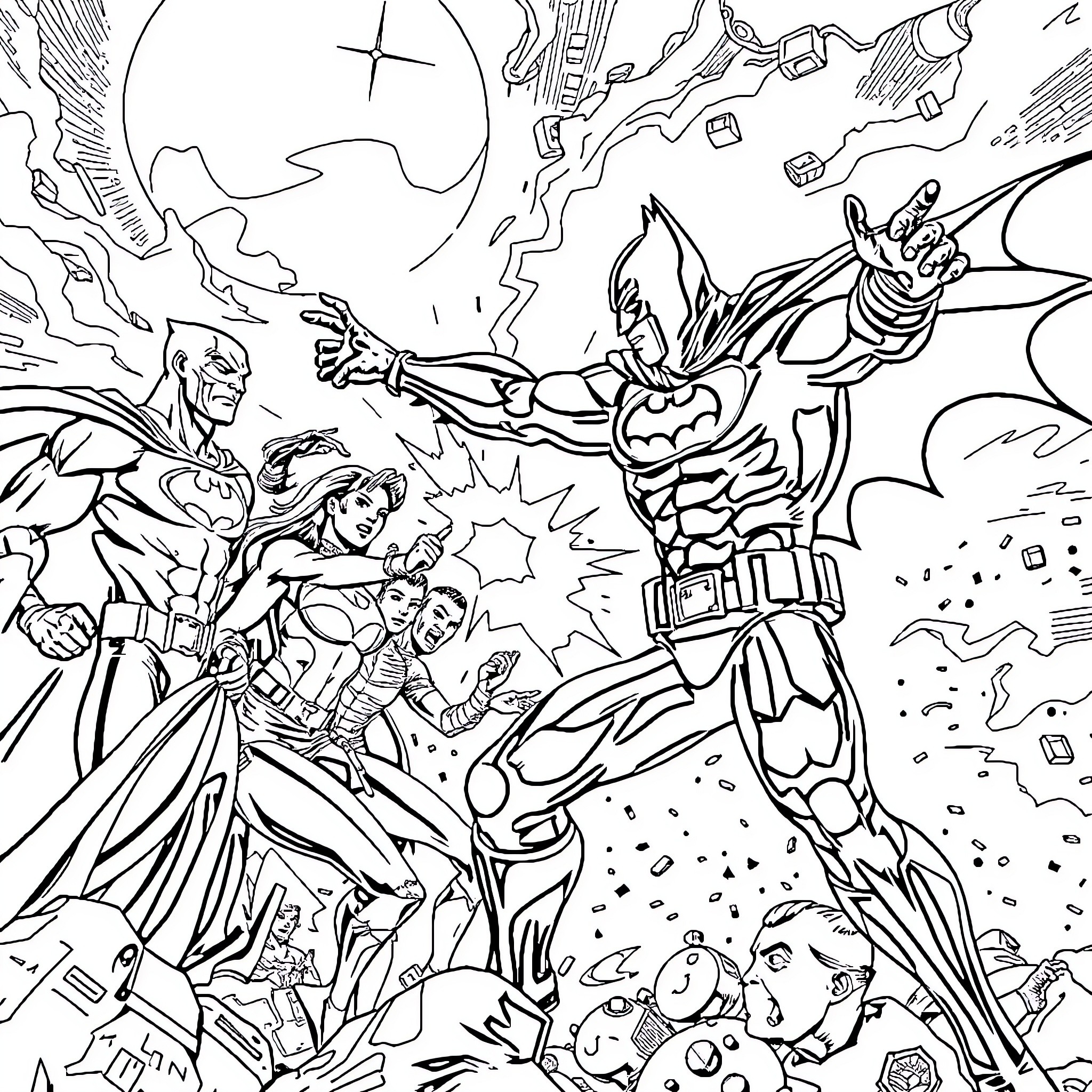 Justice League in Epic Battle against Villains Coloring Page (free black-and-white line drawing printable PDF for all, from beginners to advanced learners, including children, teens, adults, and seniors)
