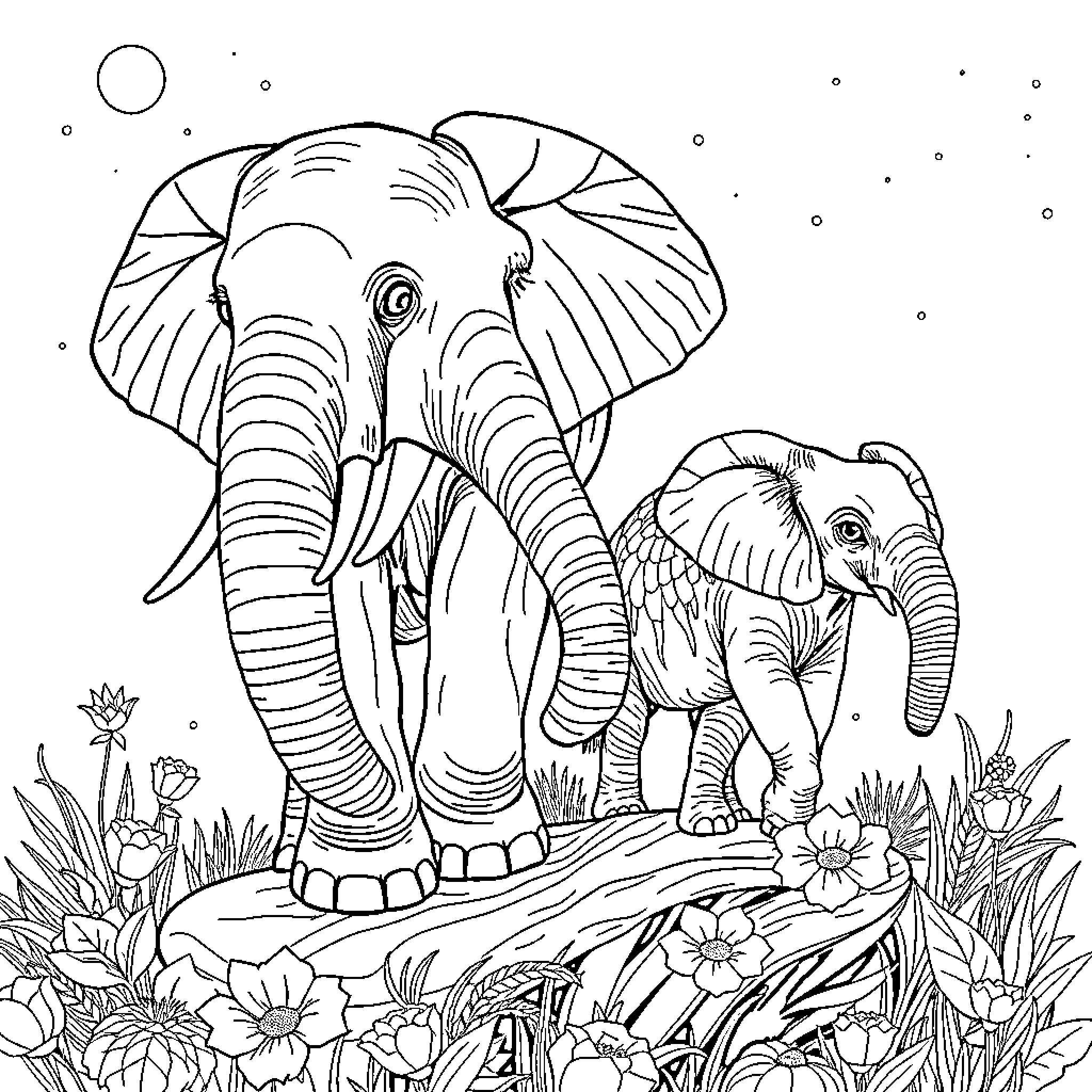 Elephant and calf enjoying the natural surroundings Coloring Page (free black-and-white line drawing printable PDF for all, from beginners to advanced learners, including children, teens, adults, and seniors)