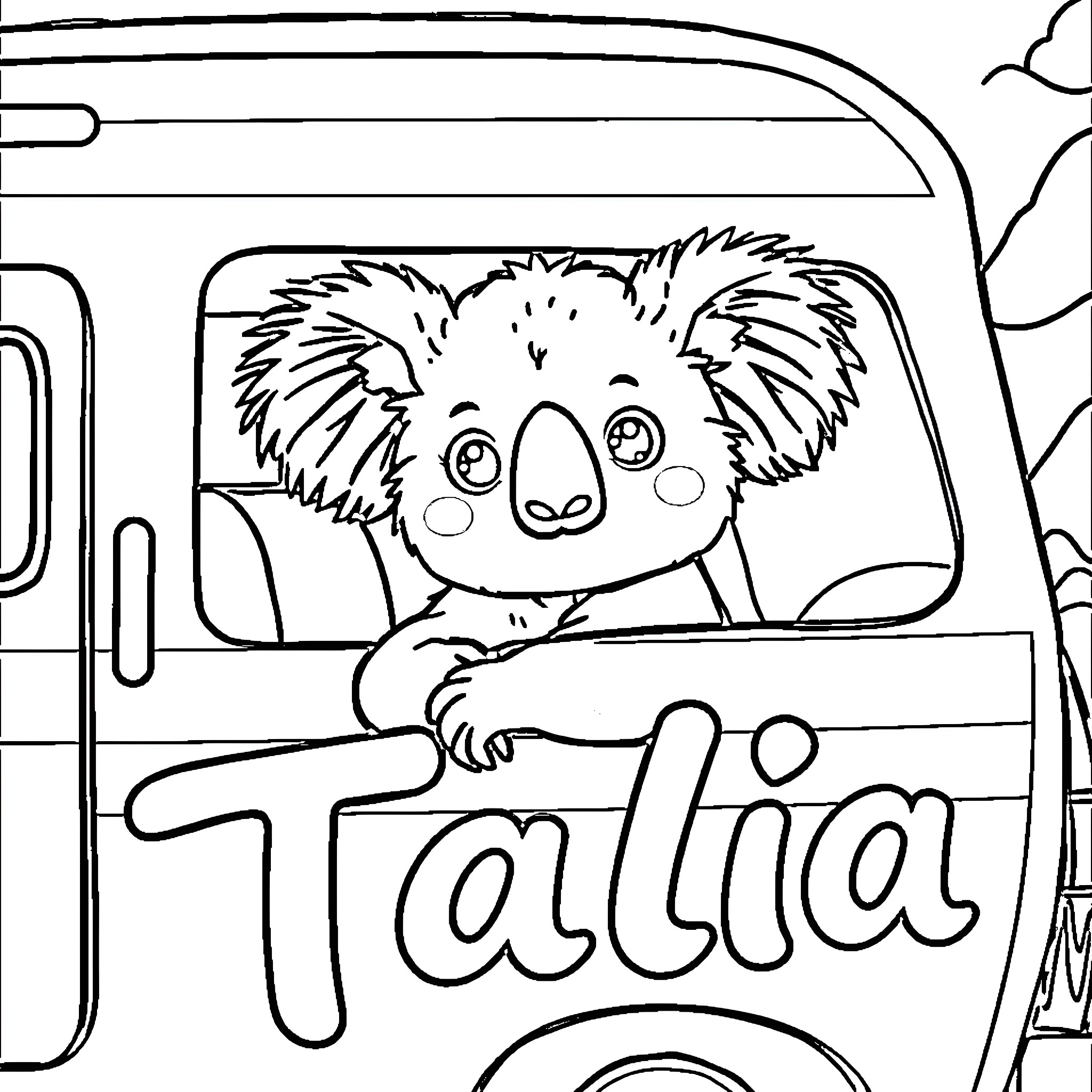 Koala driving a van with Talia written on it Coloring Page (free black-and-white line drawing printable PDF for all, from beginners to advanced learners, including children, teens, adults, and seniors)