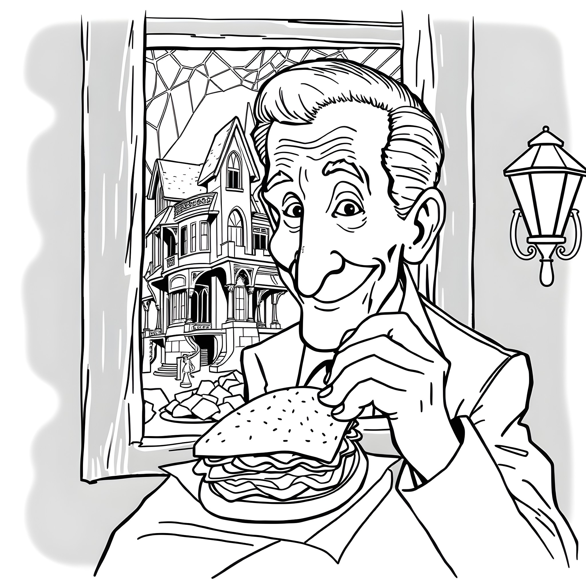 Vincent Price enjoys a spooky snack in the window Coloring Page (free black-and-white line drawing printable PDF for all, from beginners to advanced learners, including children, teens, adults, and seniors)