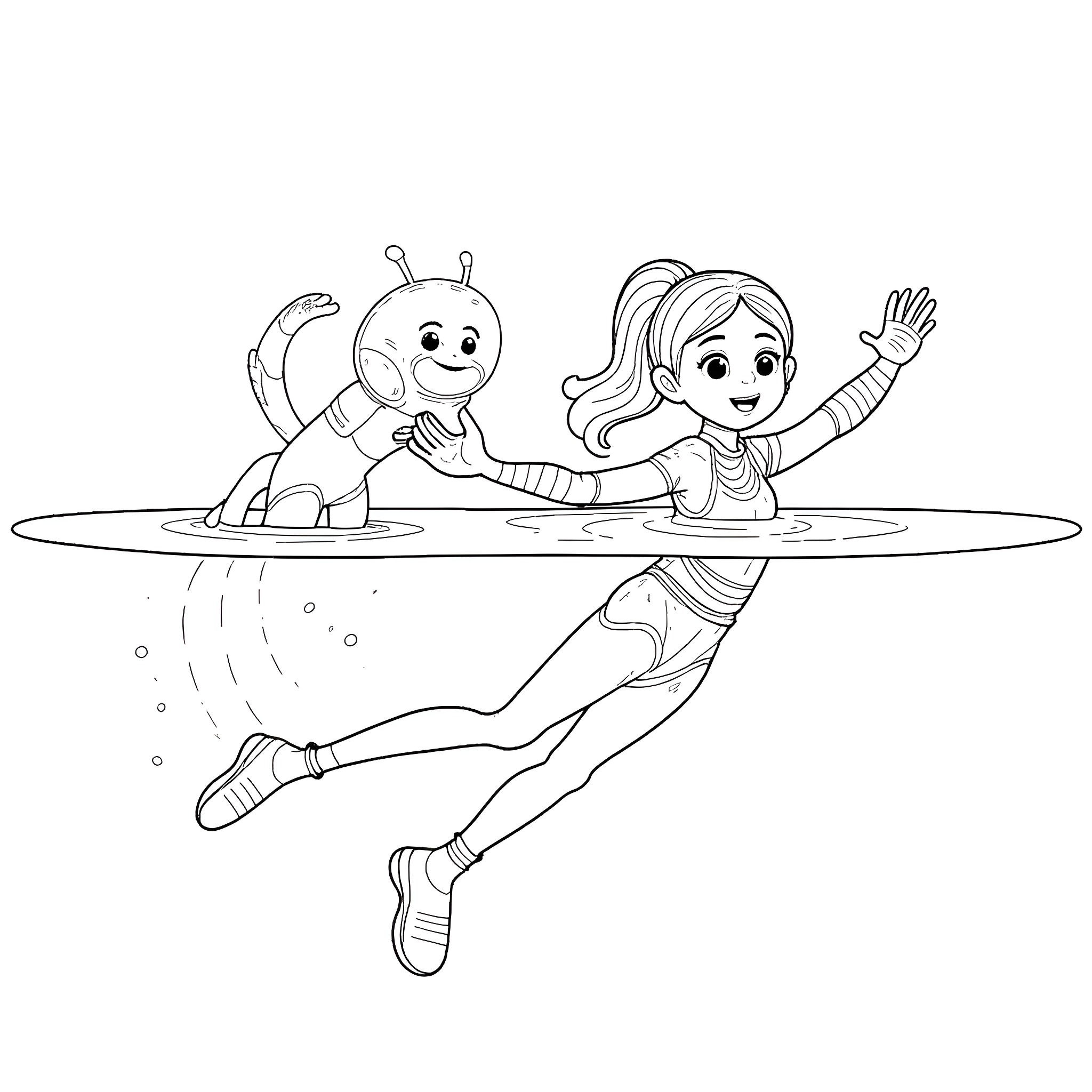 Girl swimming and playing with friendly creature Coloring Page (free black-and-white line drawing printable PDF for all, from beginners to advanced learners, including children, teens, adults, and seniors)