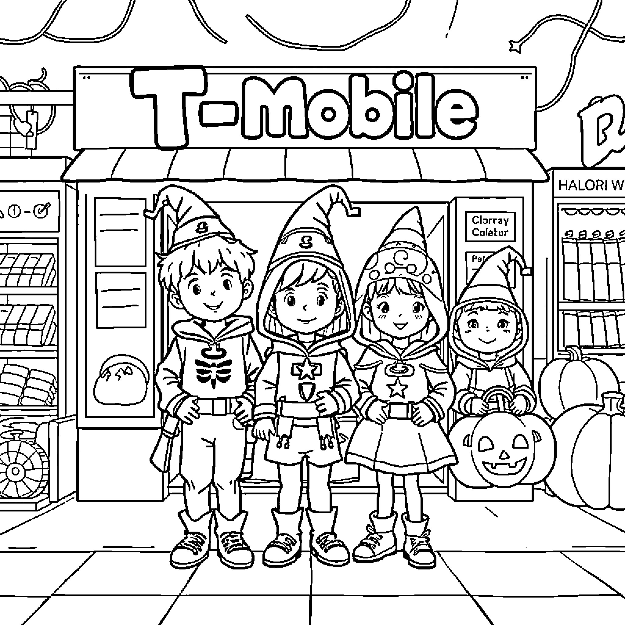 Halloween fun at the T-mobile store Coloring Page (free black-and-white line drawing printable PDF for all, from beginners to advanced learners, including children, teens, adults, and seniors)
